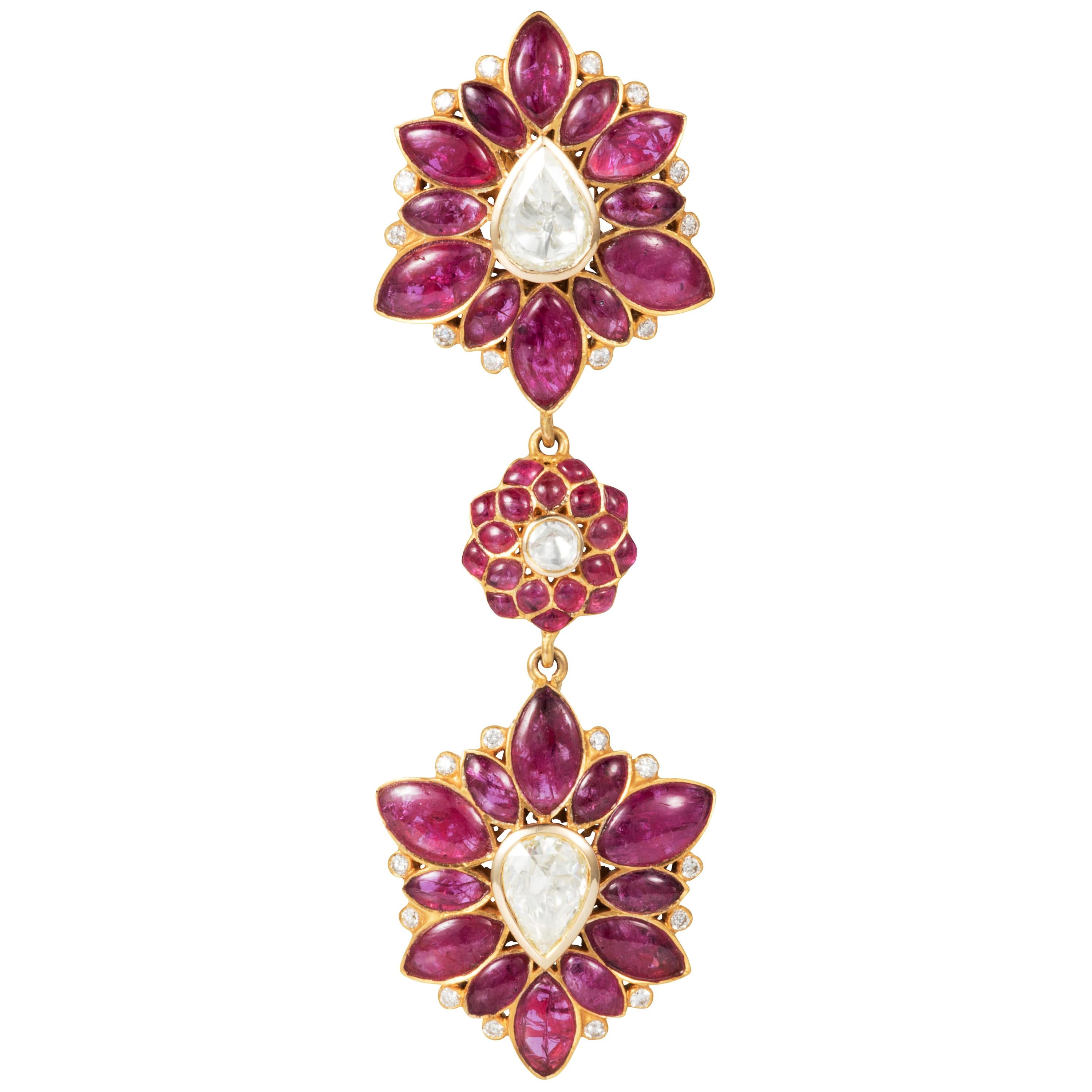 Manpriya B Marquise Ruby, Rose-Cut Diamond and 18 Karat Gold Pendant For Sale