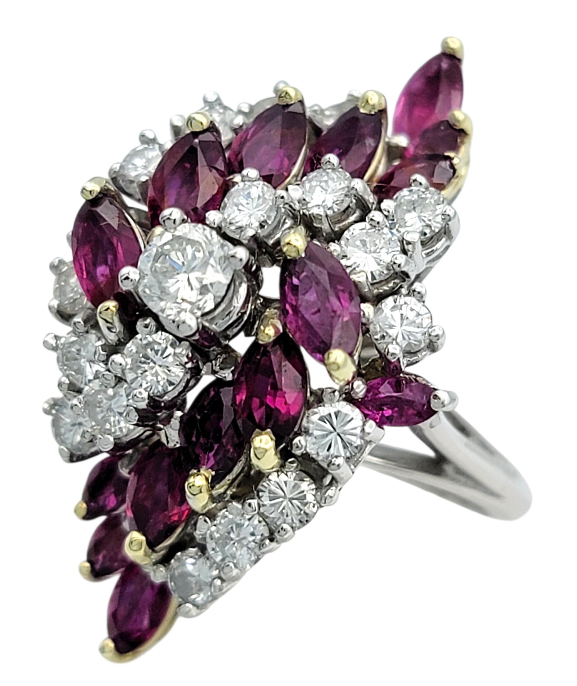 Marquise Cut Marquise Ruby & Round Diamond Clustered Cocktail Ring in 14 Karat Gold For Sale