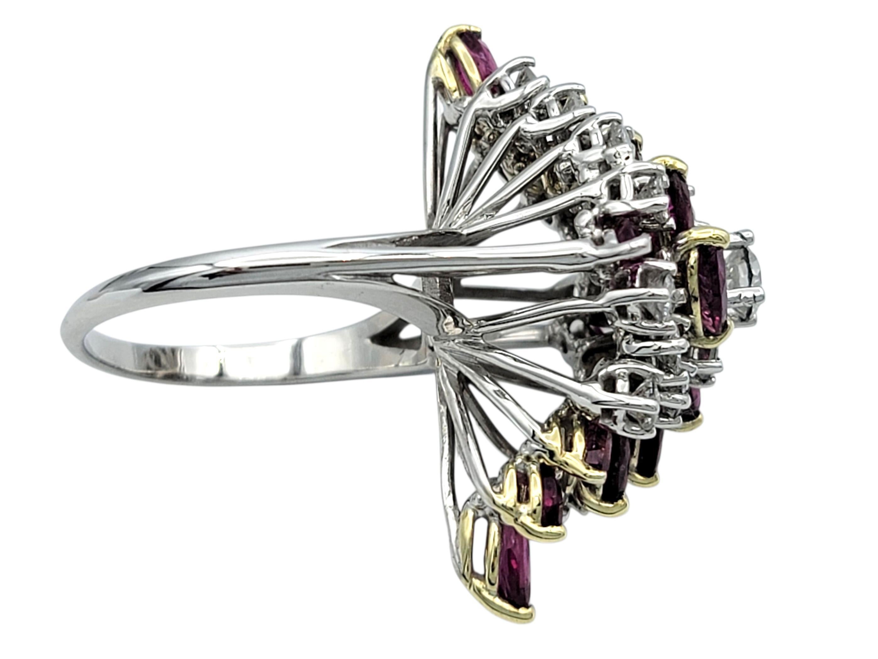 Women's Marquise Ruby & Round Diamond Clustered Cocktail Ring in 14 Karat Gold For Sale