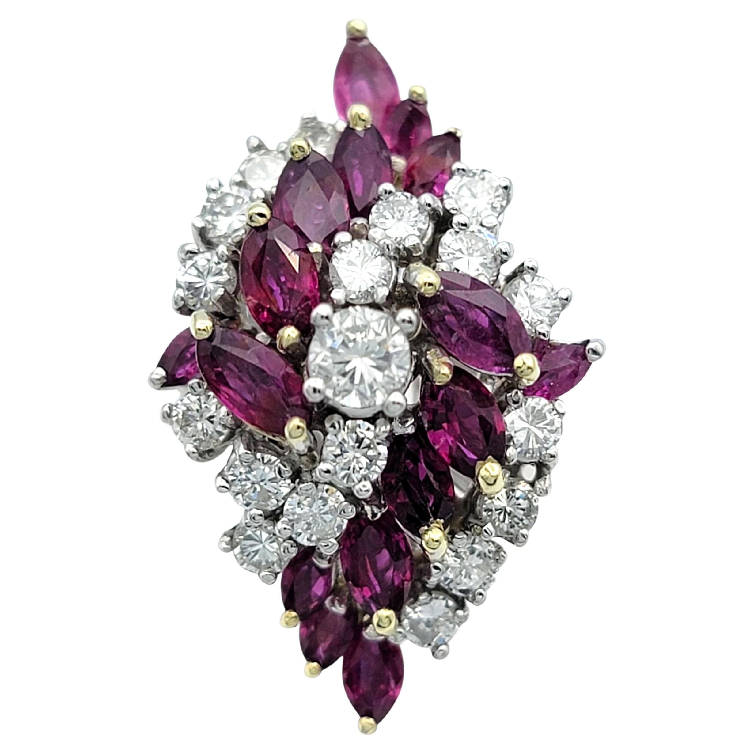 Marquise Ruby 
Round Diamond Clustered Cocktail Ring in 14 Karat Gold For Sale