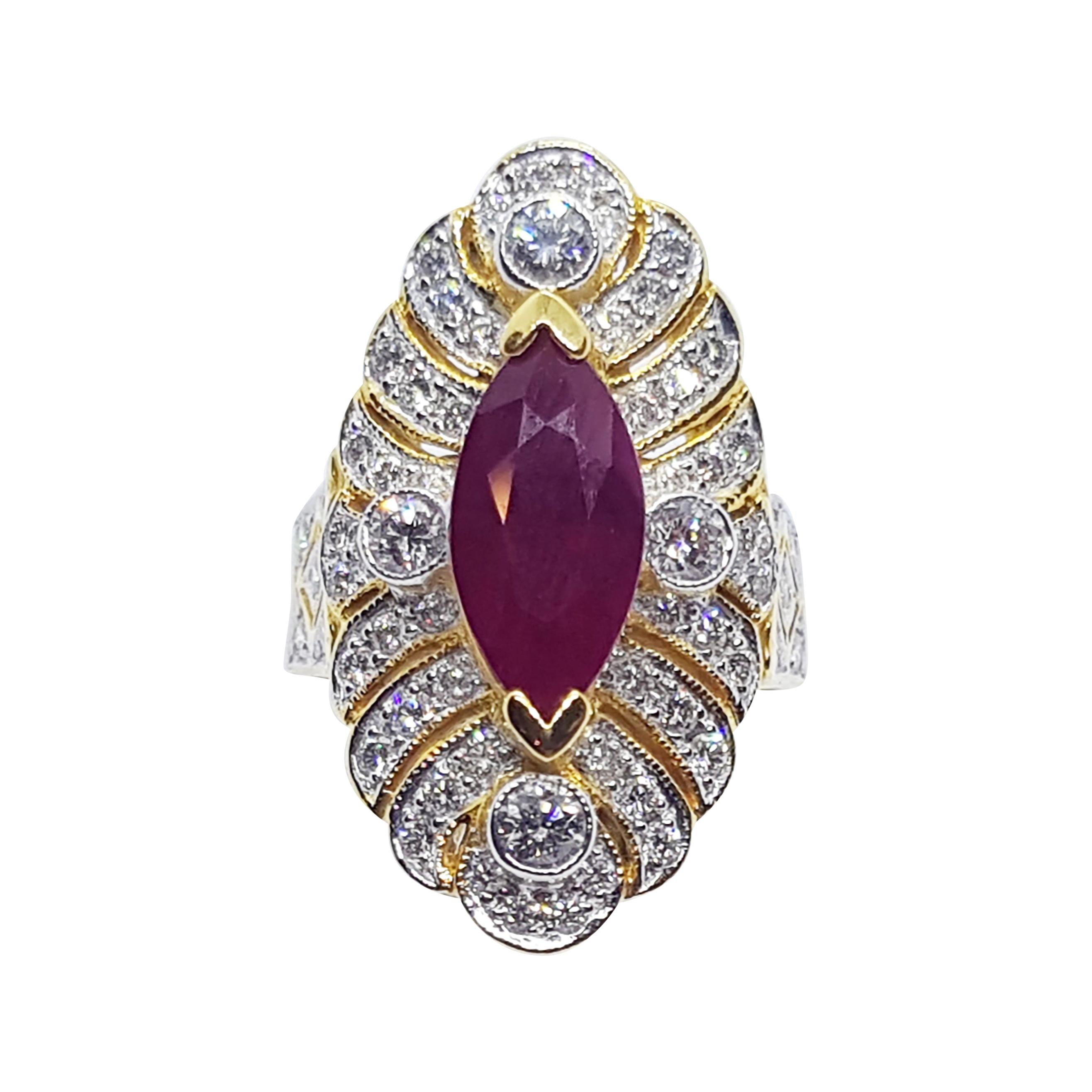 Marquise Ruby with Diamond Ring Set in 18 Karat Gold Settings For Sale