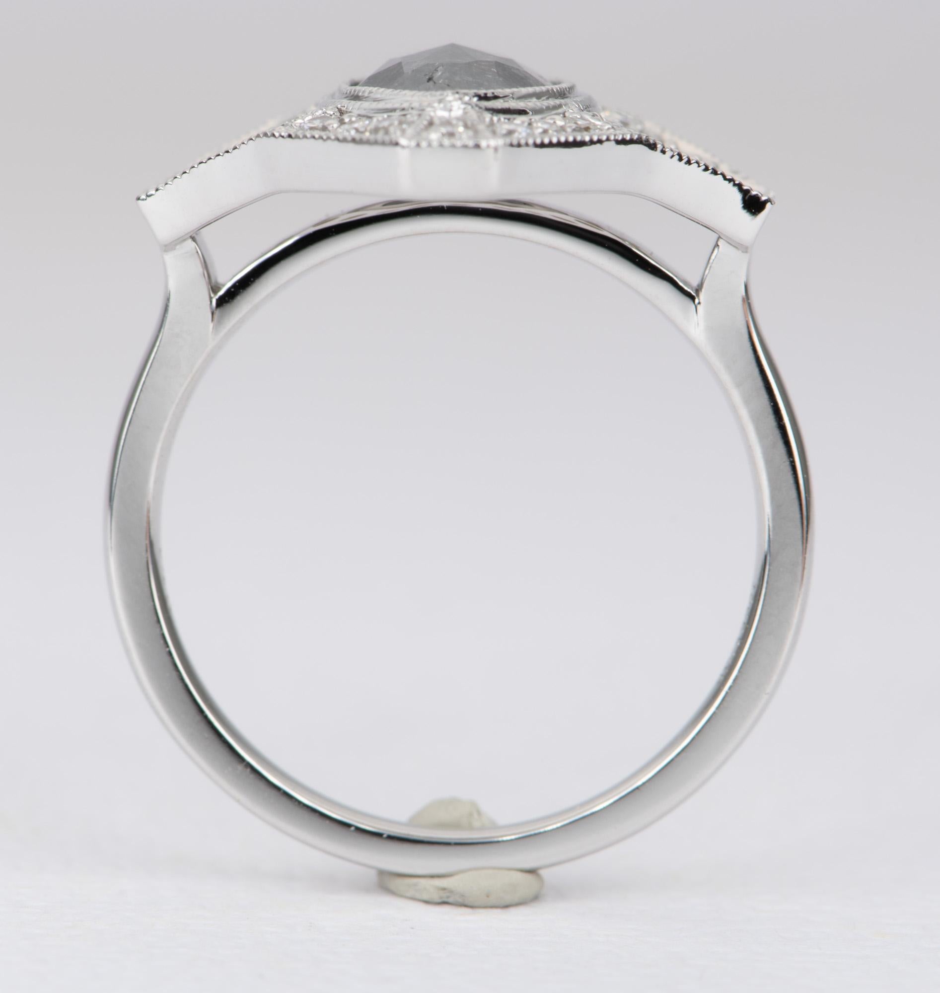 Art Deco Marquise Salt and Pepper Diamond with Halo Ring 14 Karat White Gold AD2119 For Sale