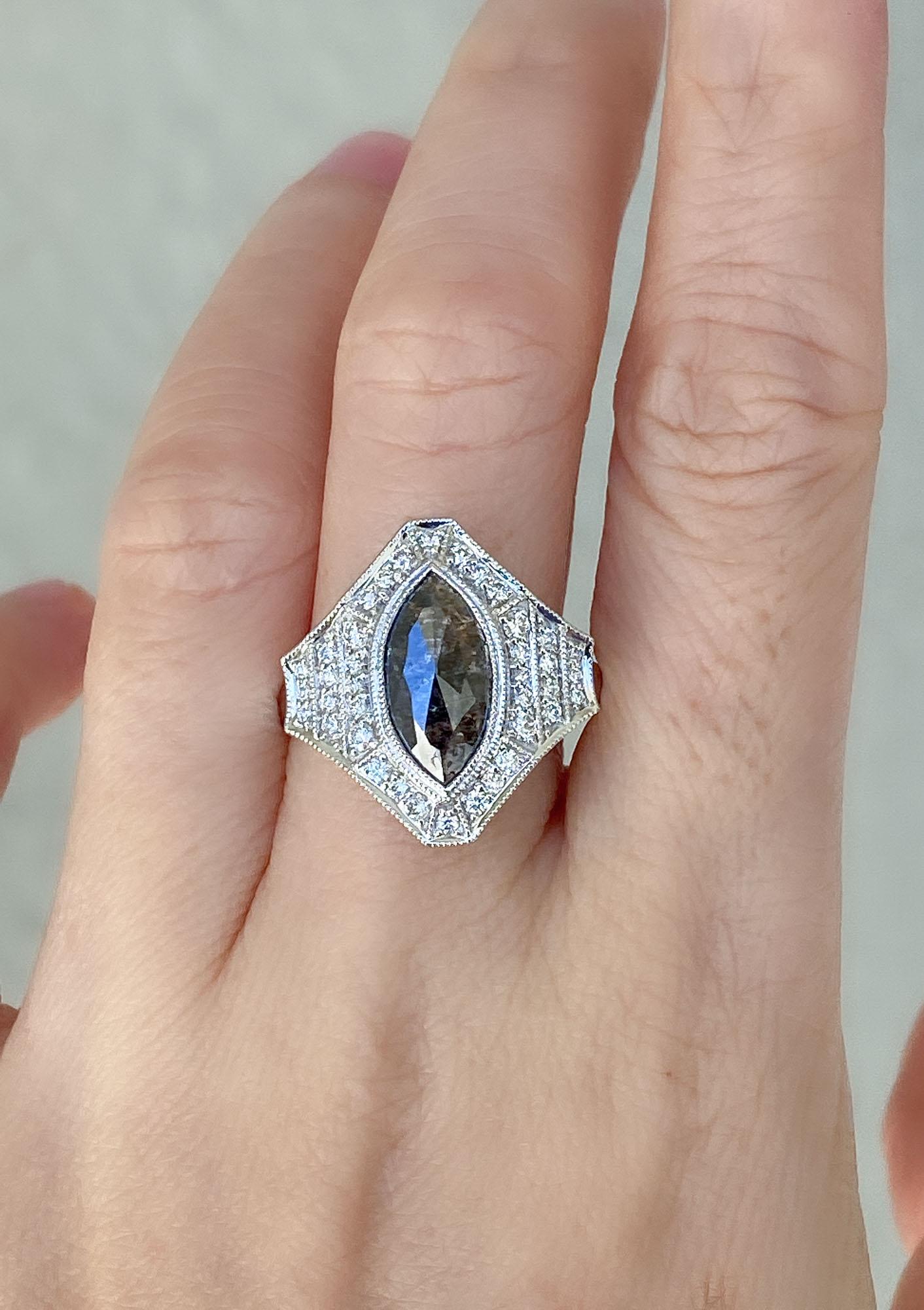 Marquise Cut Marquise Salt and Pepper Diamond with Halo Ring 14 Karat White Gold AD2119 For Sale