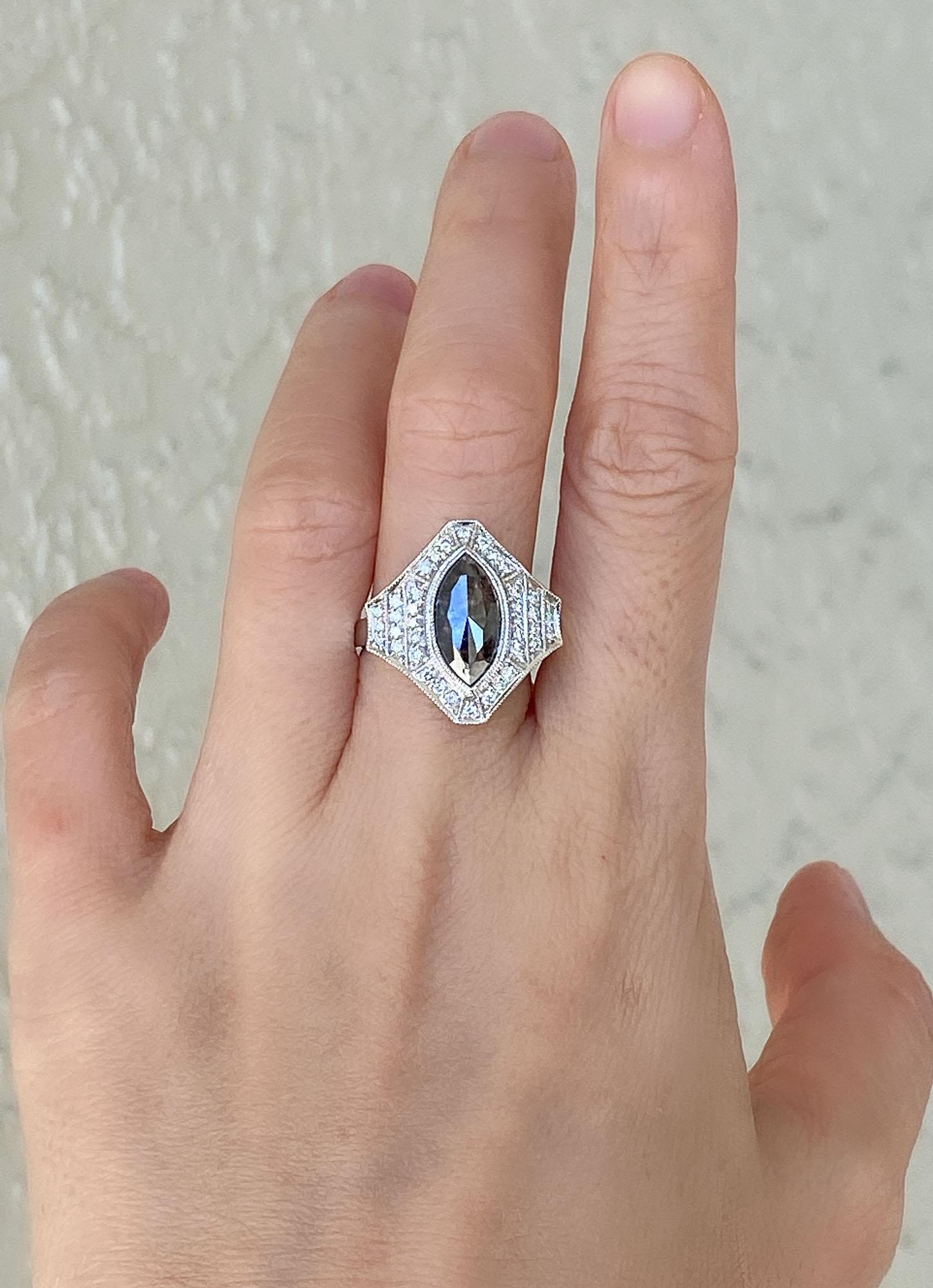 Marquise Salt and Pepper Diamond with Halo Ring 14 Karat White Gold AD2119 In New Condition For Sale In Osprey, FL