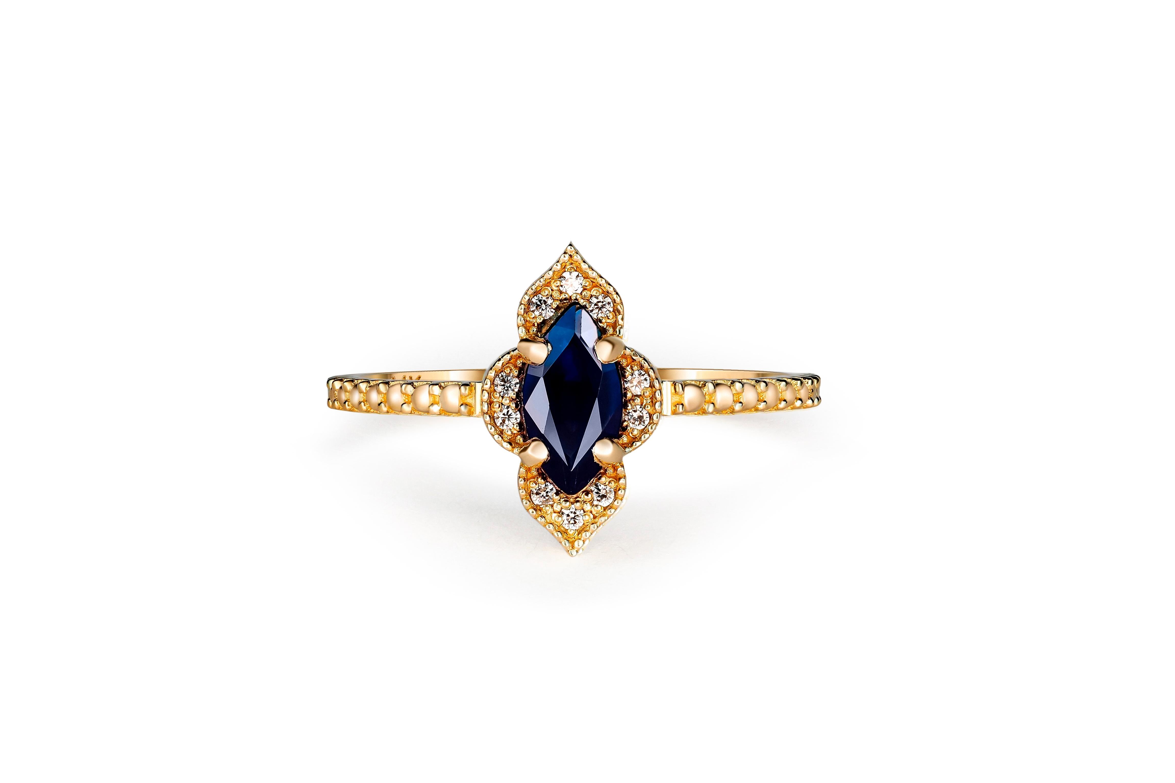 Marquise sapphire 14k gold ring. 
Sapphire vintage ring. Blue sapphire ring. Sapphire minimalist ring. Sapphire gold ring. September ring.

Metal: 14k gold
Weight: 2.02 g. depends from size.

Set with sapphire, color - deep blue
marquise cut, aprox