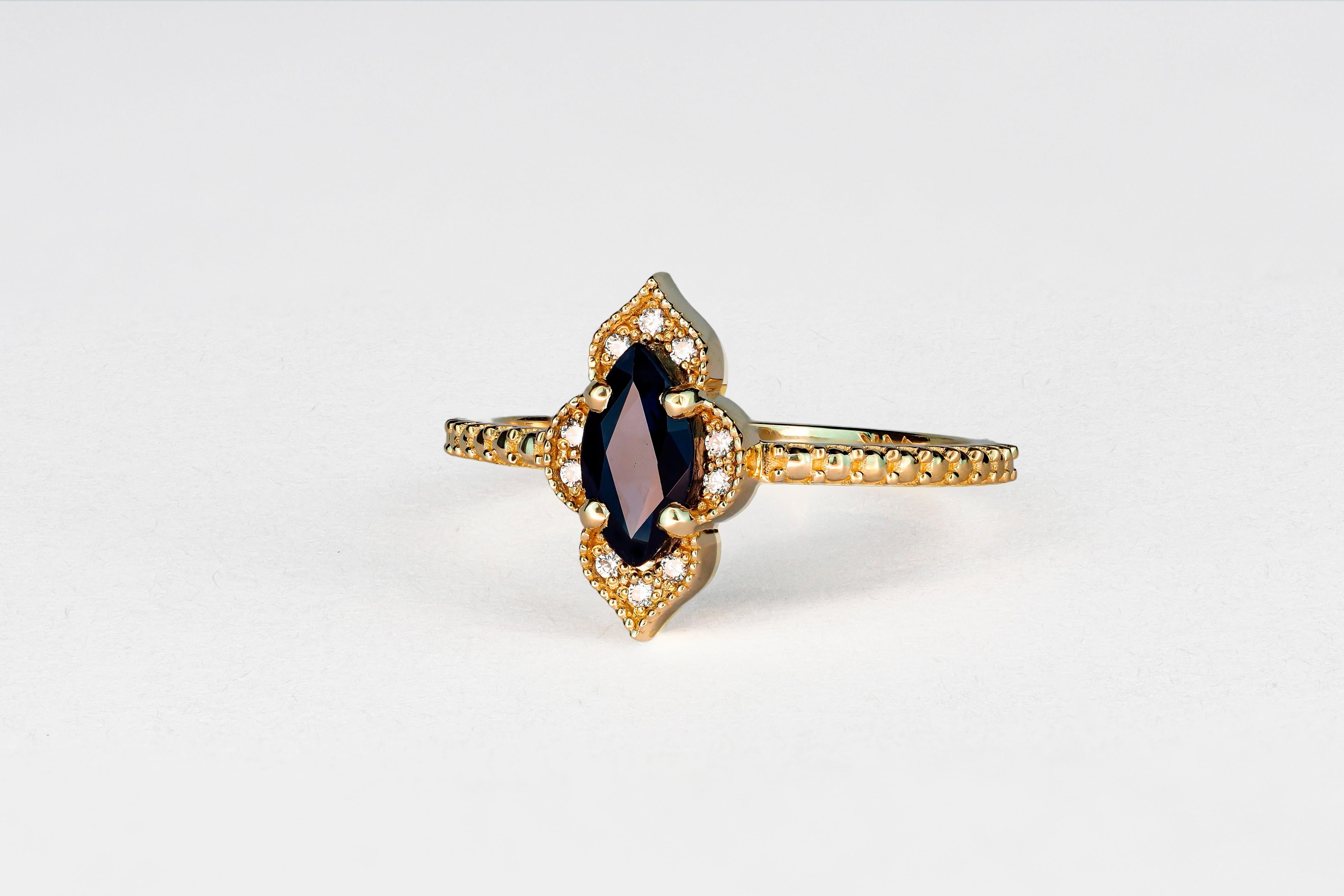 Marquise Cut Marquise sapphire 14k gold ring.  For Sale
