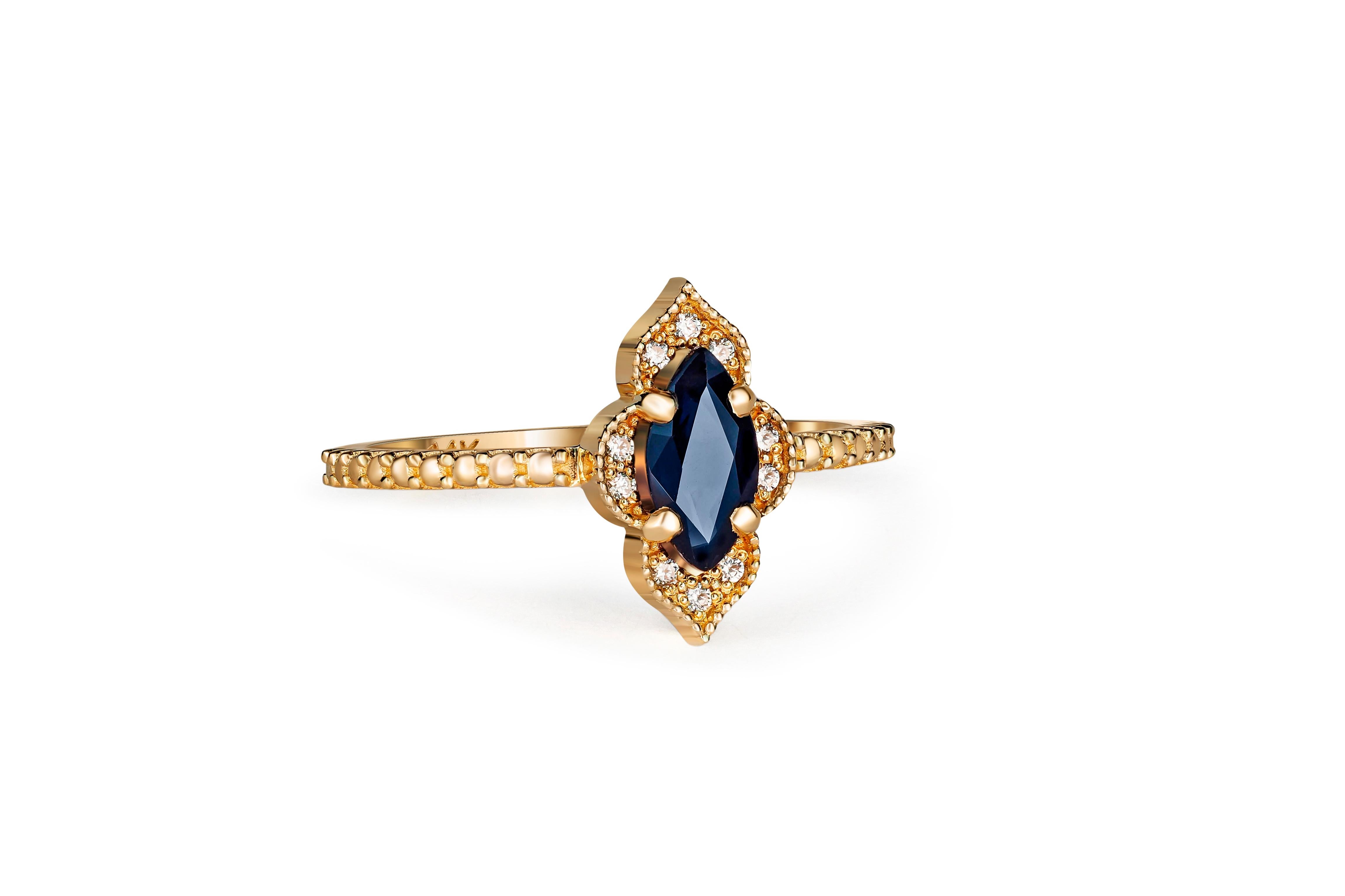 Marquise sapphire 14k gold ring.  In New Condition For Sale In Istanbul, TR