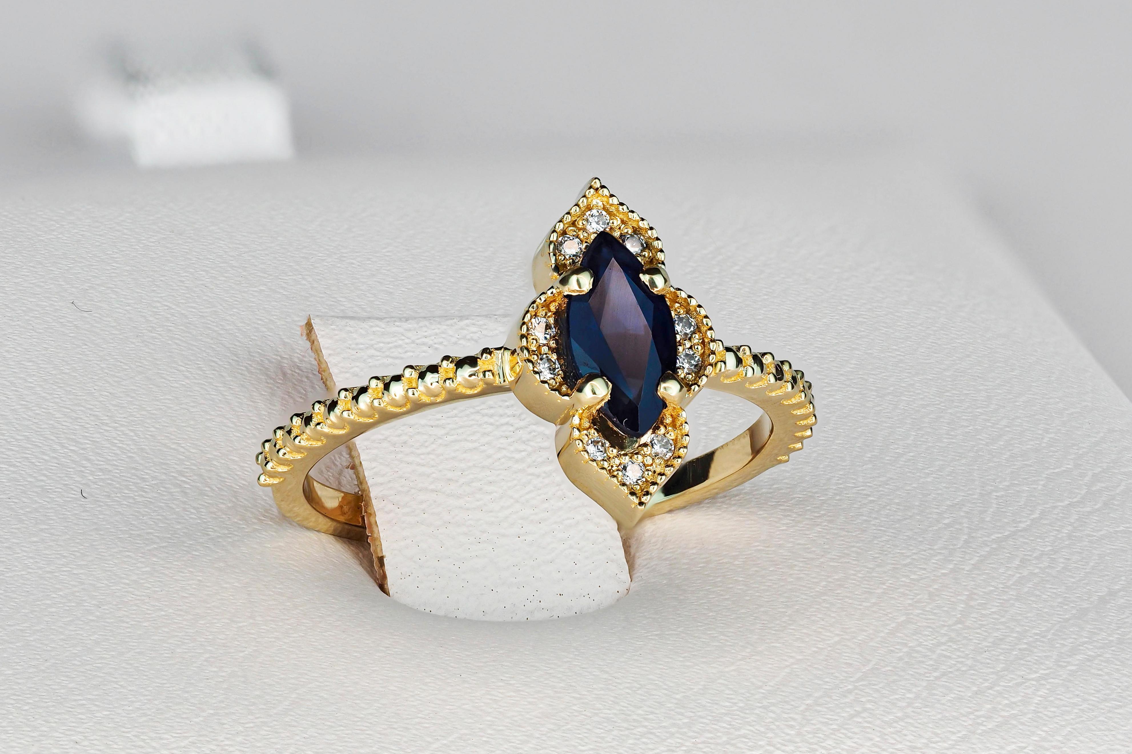 Women's Marquise sapphire 14k gold ring.  For Sale