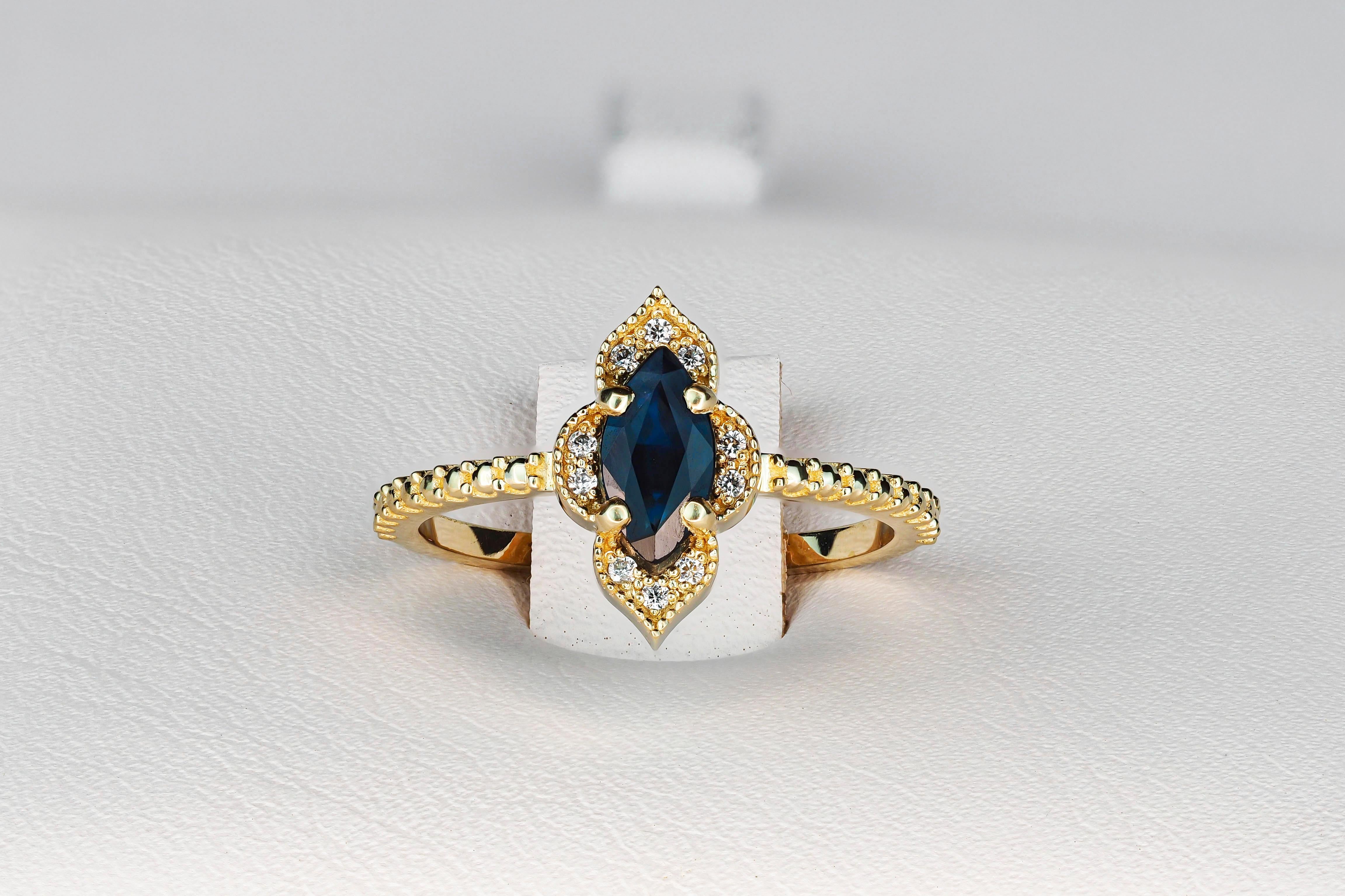 Marquise Saphir 14k Gold Ring.  im Angebot 1