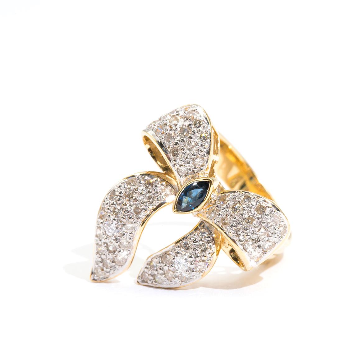 Marquise Sapphire and 0.80 Carat Diamond 18 Carat Gold Vintage Bow Cluster Ring 2