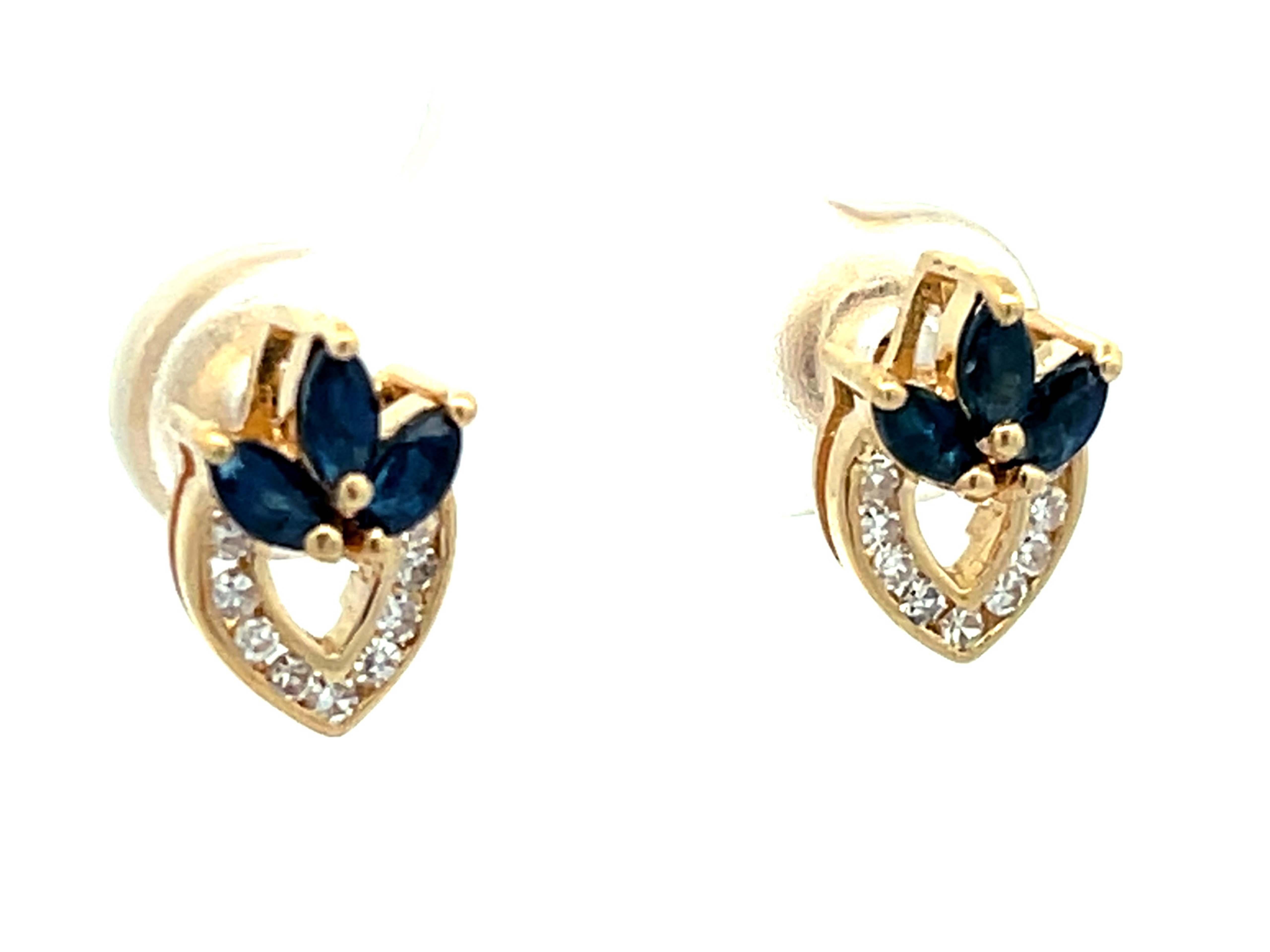 Modern Marquise Sapphire and Diamond Earrings in 14k Yellow Gold For Sale