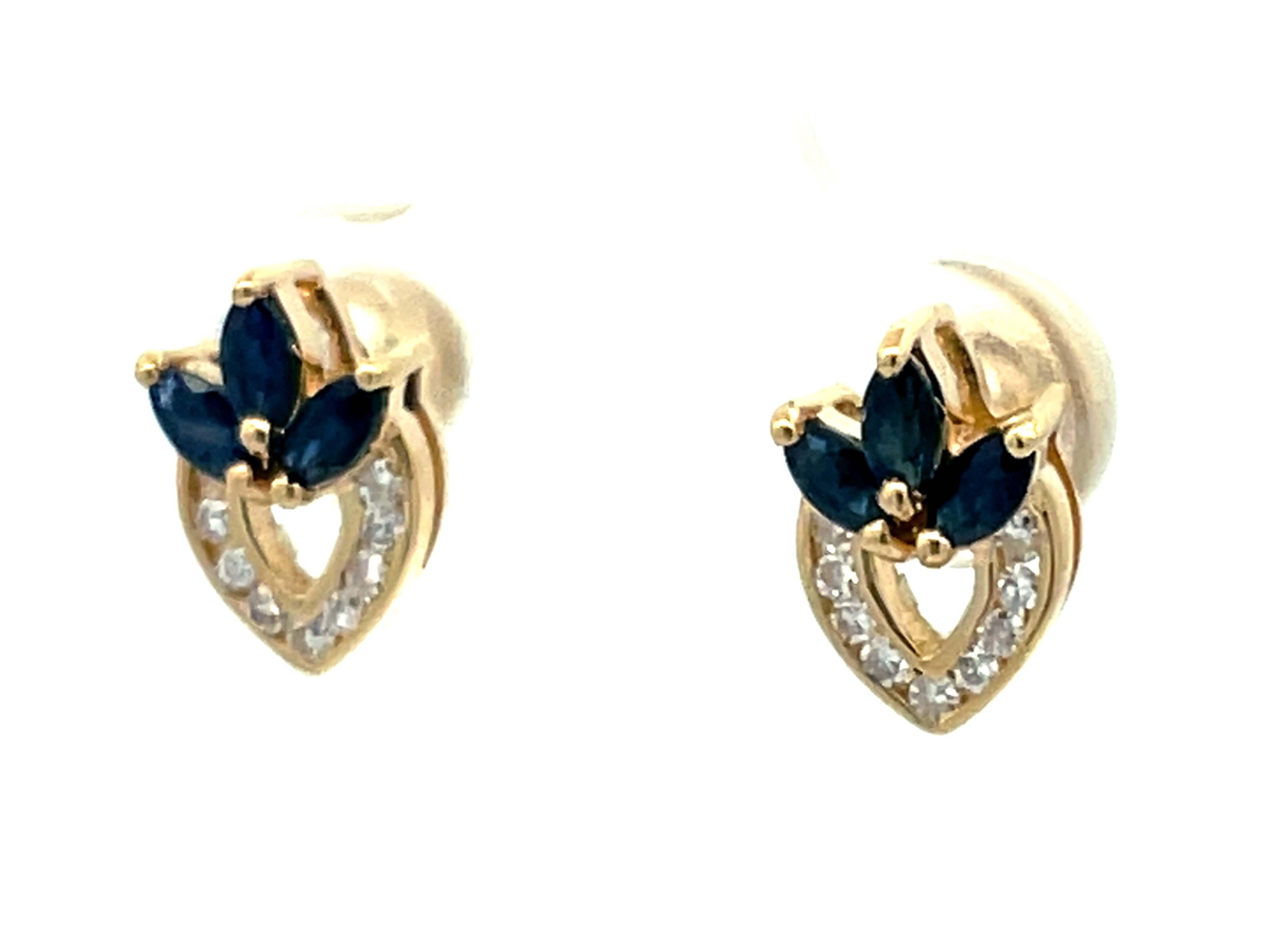 Marquise Cut Marquise Sapphire and Diamond Earrings in 14k Yellow Gold For Sale