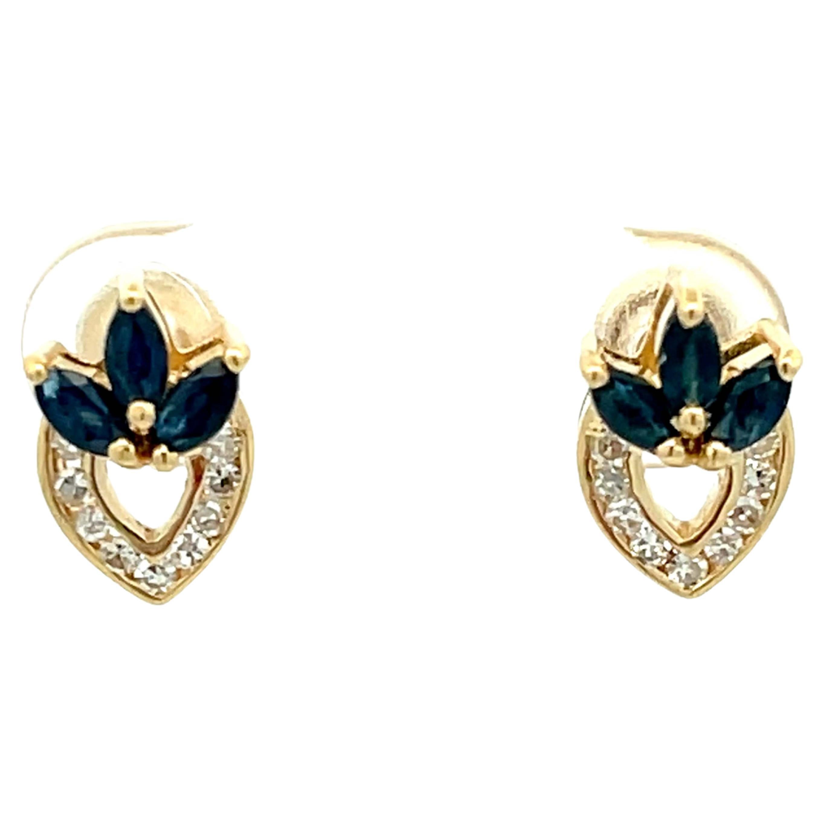 Marquise Sapphire and Diamond Earrings in 14k Yellow Gold For Sale
