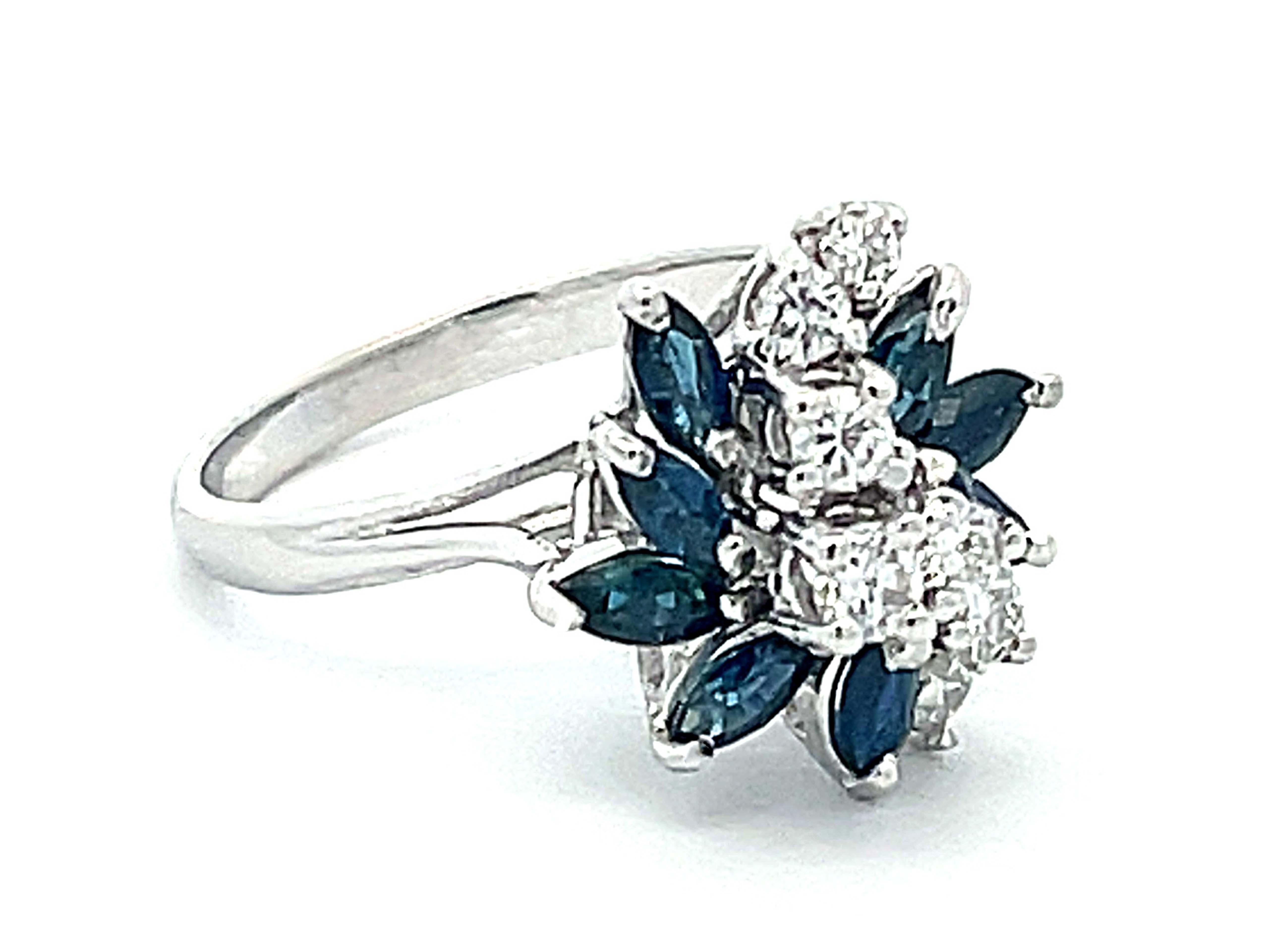Retro Marquise Sapphire and Diamond Flower Ring in 14k White Gold For Sale