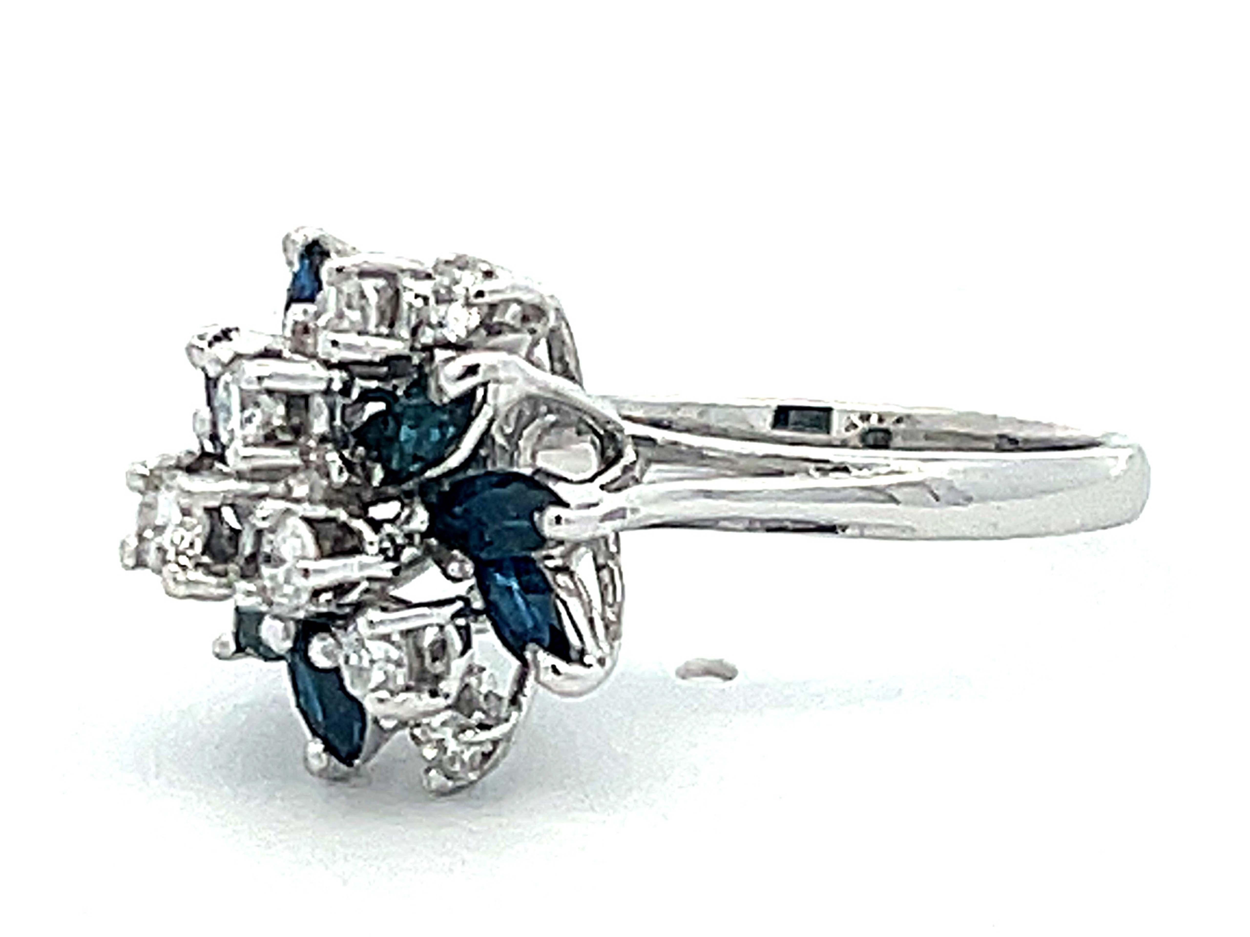 Brilliant Cut Marquise Sapphire and Diamond Flower Ring in 14k White Gold For Sale