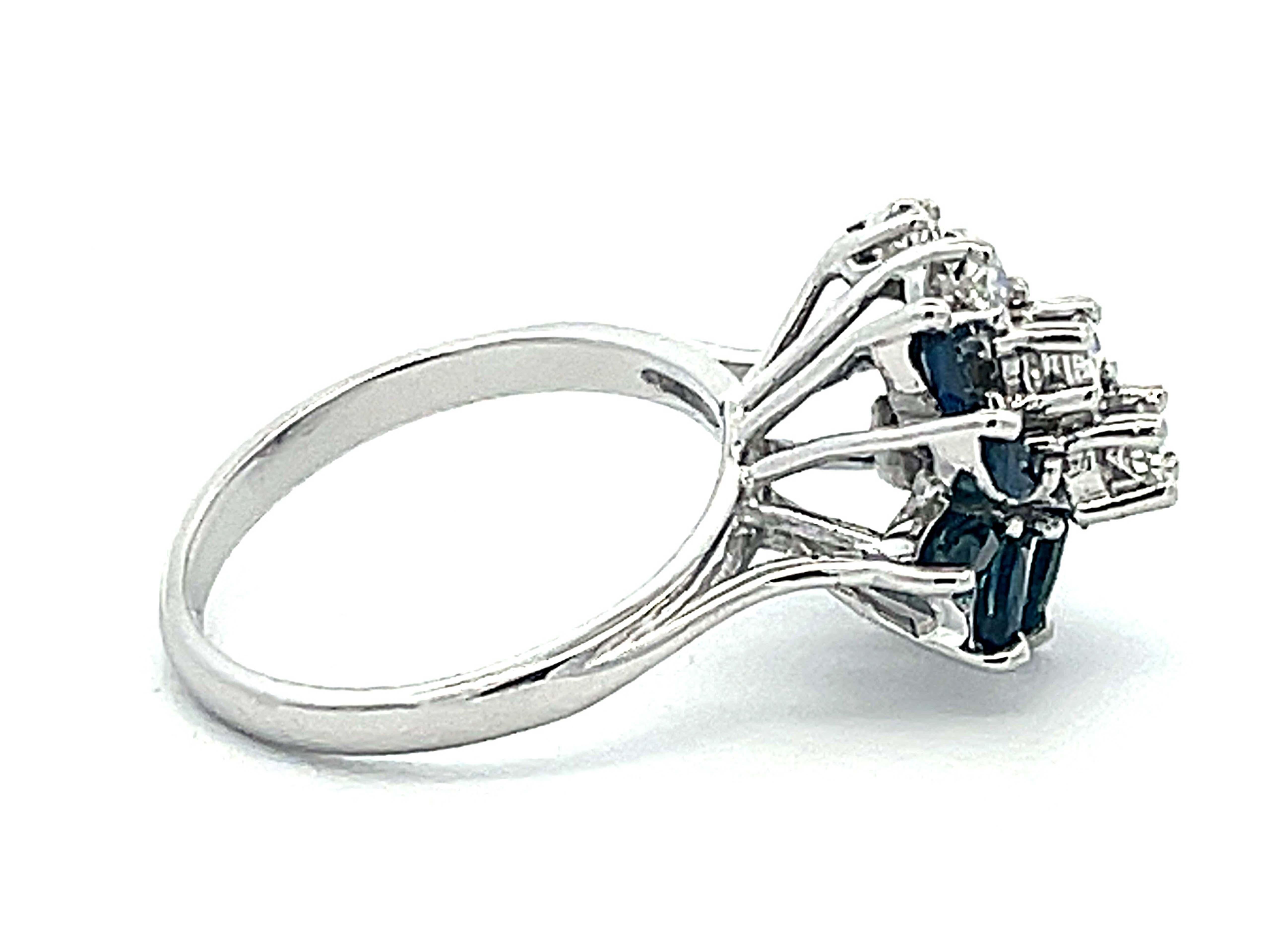 Marquise Sapphire and Diamond Flower Ring in 14k White Gold In Excellent Condition For Sale In Honolulu, HI