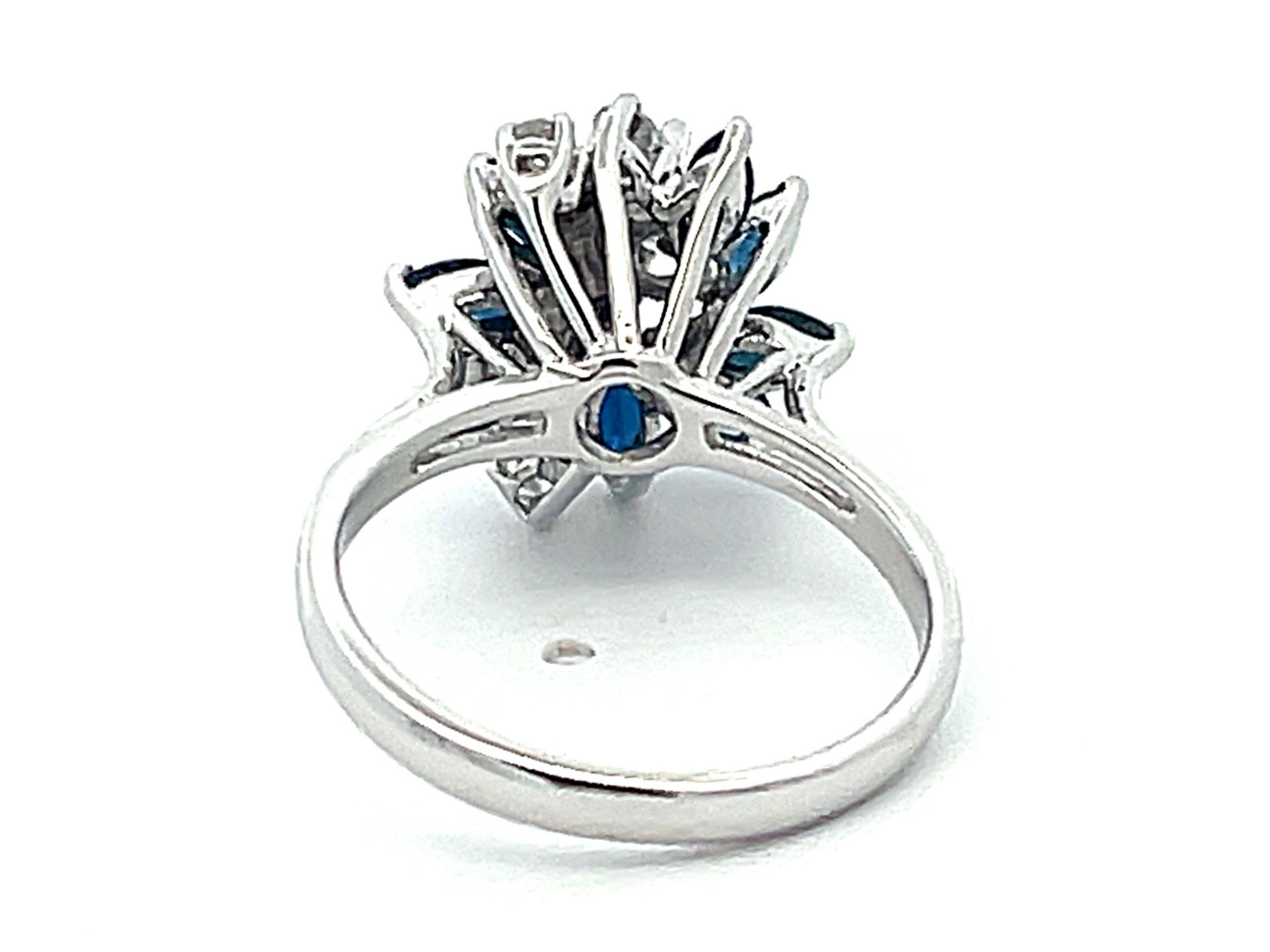 Marquise Sapphire and Diamond Flower Ring in 14k White Gold For Sale 1