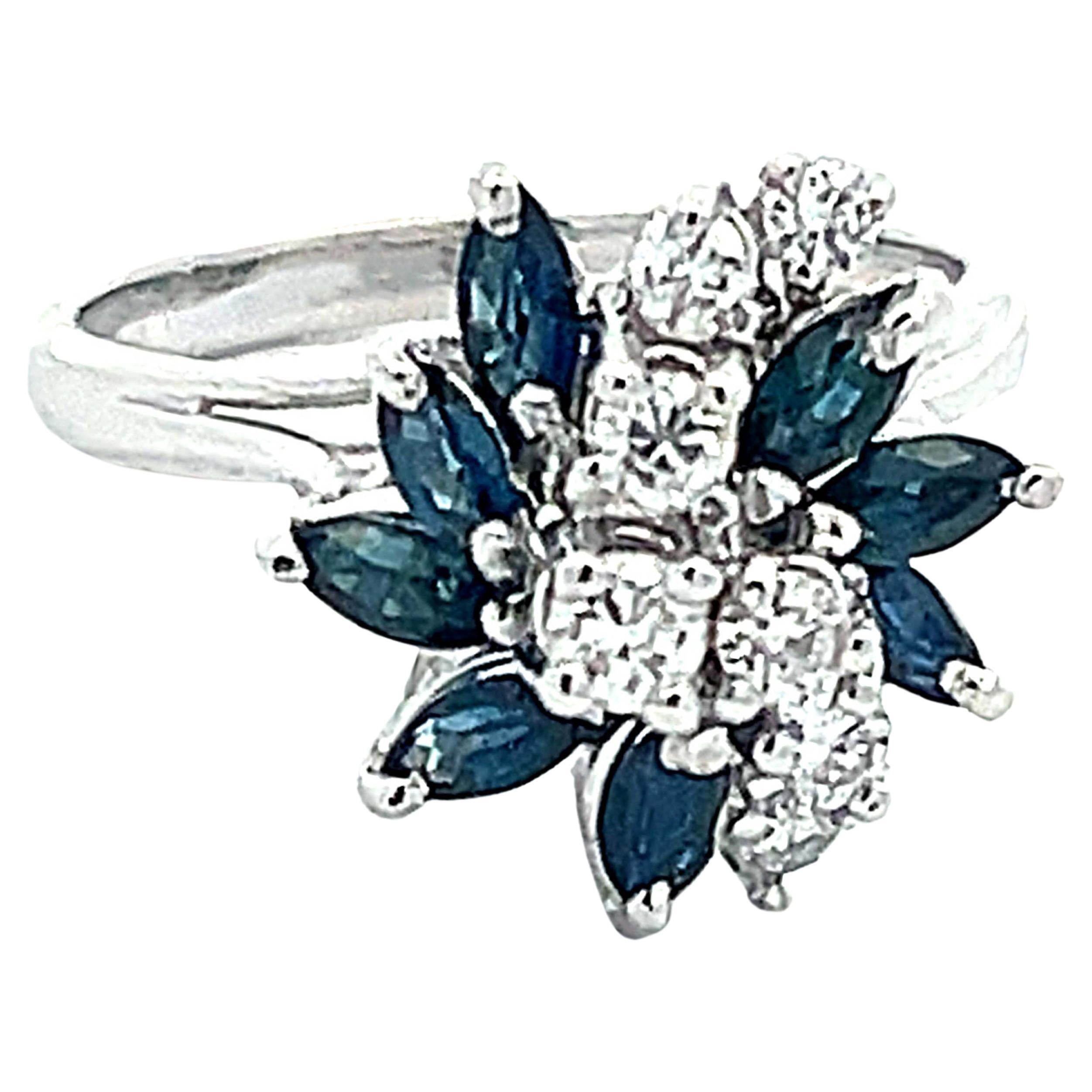 Marquise Sapphire and Diamond Flower Ring in 14k White Gold For Sale