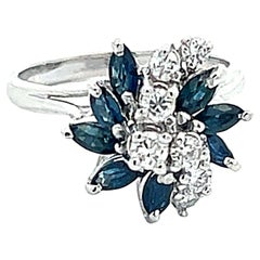 Marquise Sapphire and Diamond Flower Ring in 14k White Gold