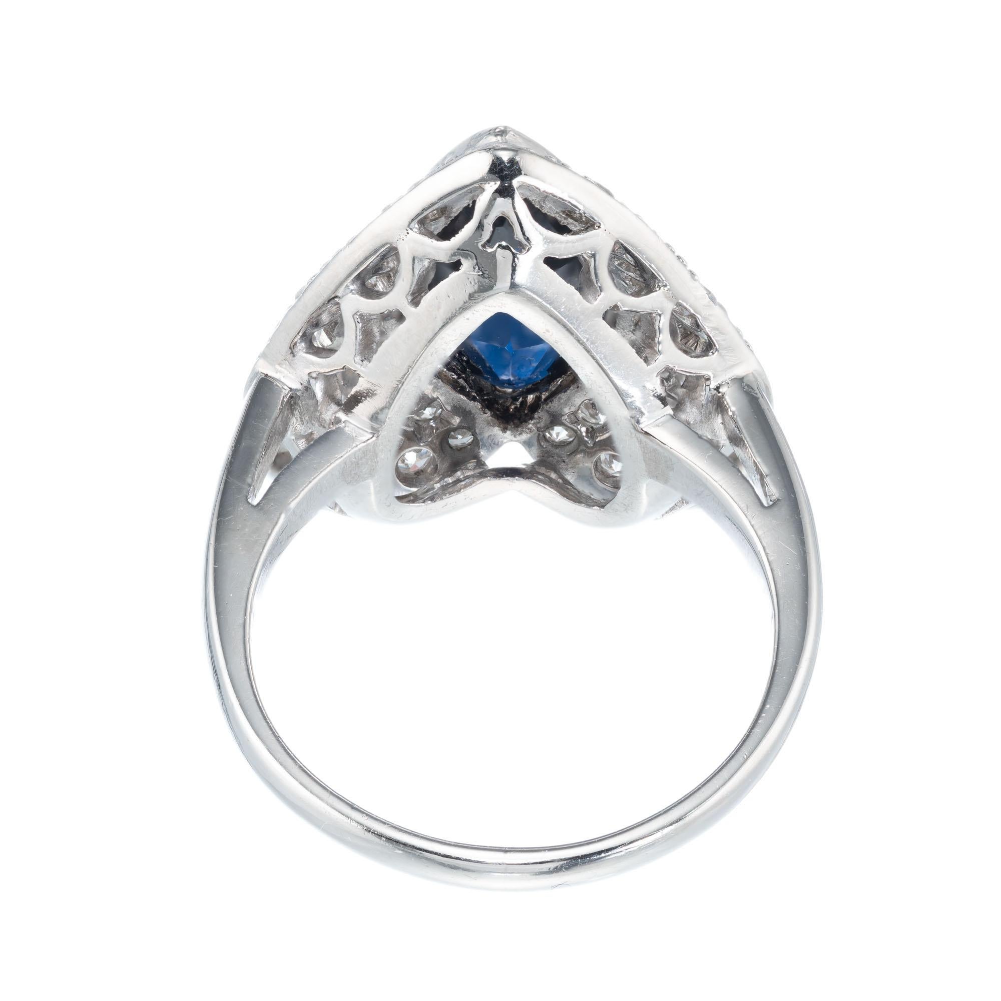 Marquise Sapphire Pave Diamond Platinum heart Ring For Sale 2