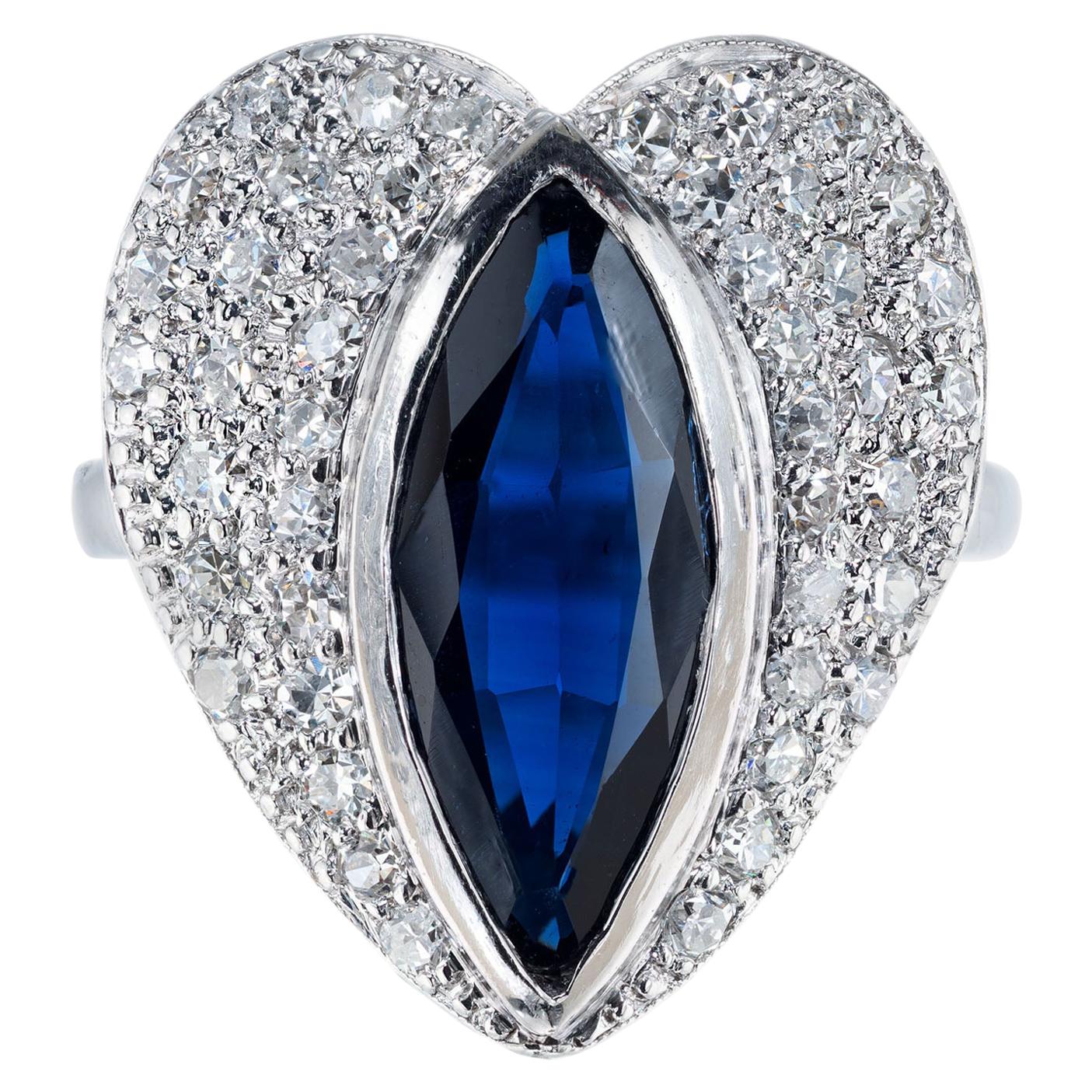 Marquise Sapphire Pave Diamond Platinum heart Ring For Sale