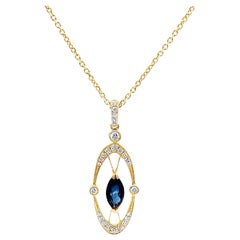 Marquise Shape 0.70 Ct Blue Sapphire & Diamond Oval 14k Yellow Gold Necklace