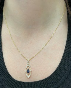 Marquise Shape 0.70 Ct Blue Sapphire & Diamond Oval 14k Yellow Gold Necklace