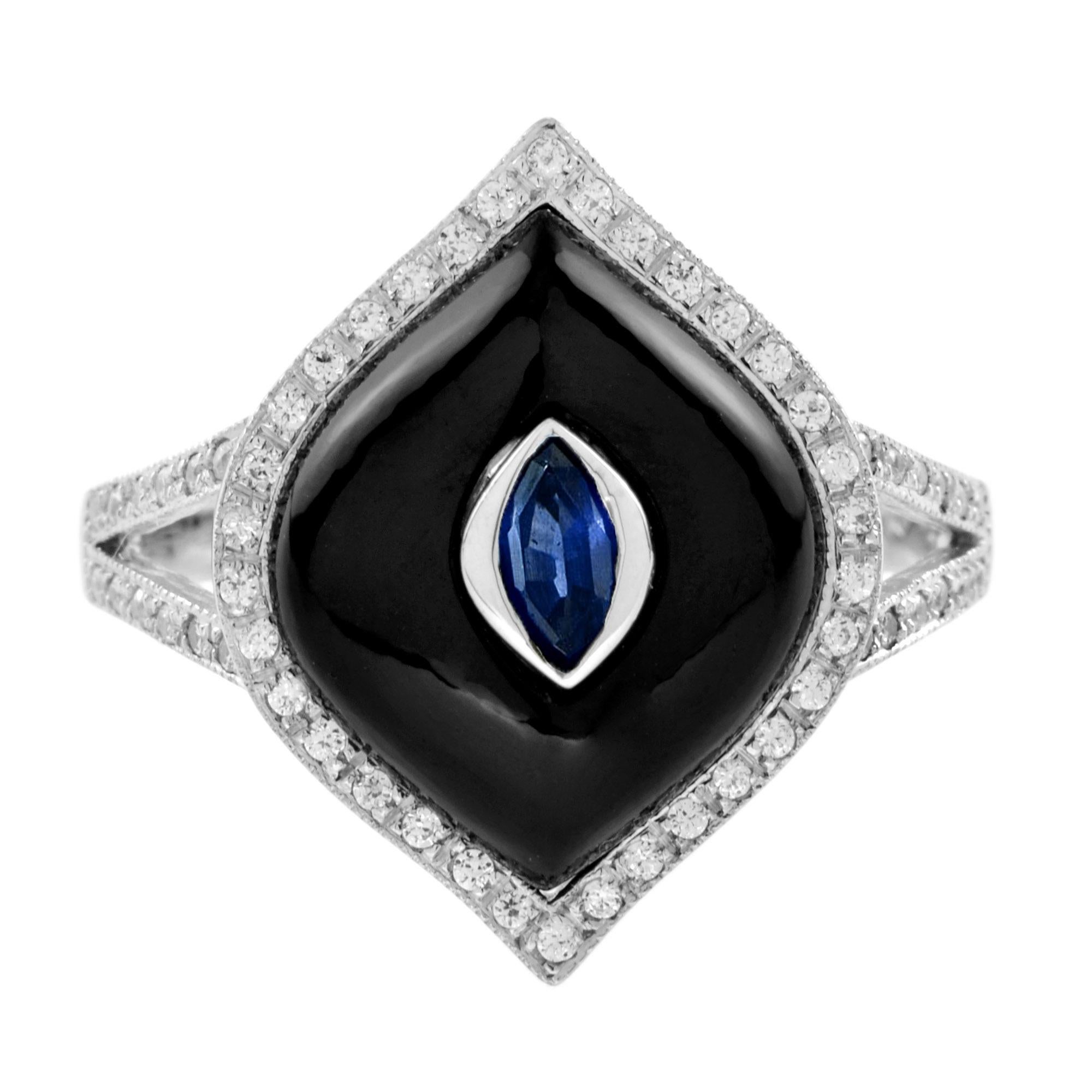 This simplicity of the black onyx together with sapphire and diamond works so well. The ring is made in white gold with a center blue sapphire. The shiny black onyx surrounds the sapphire and forms marquise shape. There are 58 diamonds surrounding