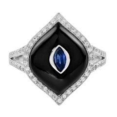 Marquise Shape Blue Sapphire Black Onyx Diamond Halo Split Shank White Gold Ring