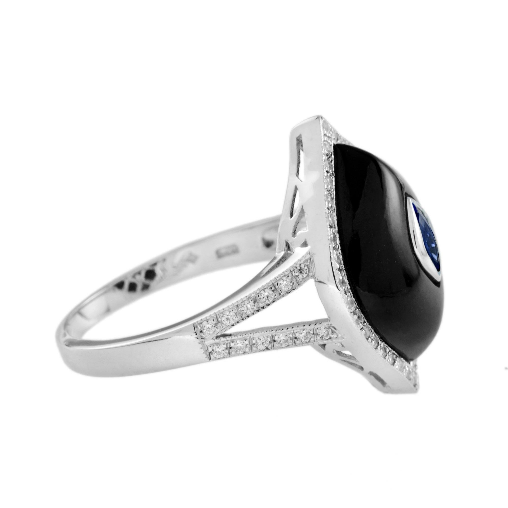 Art Déco Marquise Shape Blue Sapphire Black Onyx Diamond Halo Split Shank White Gold Ring in vendita