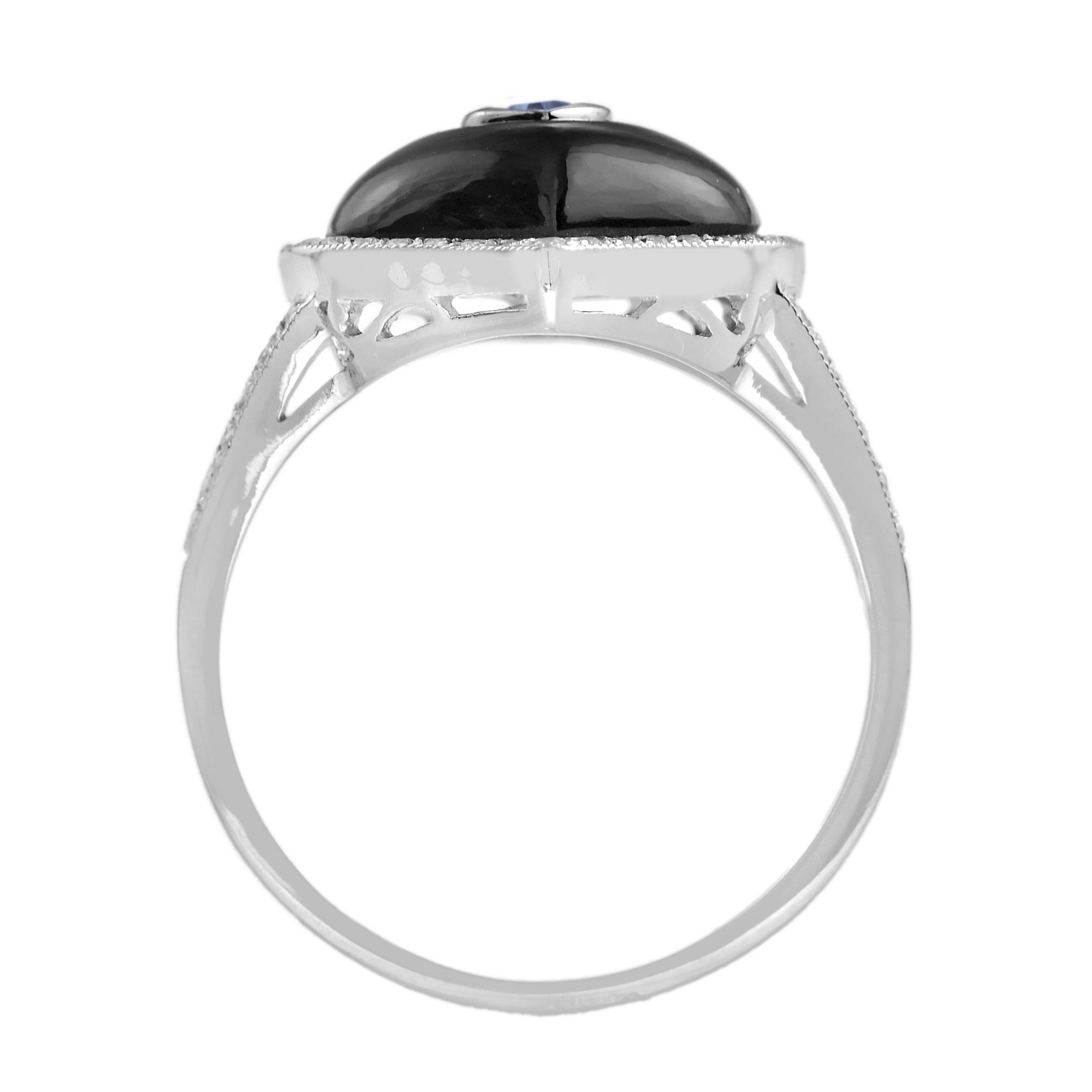 Taglio marquise Marquise Shape Blue Sapphire Black Onyx Diamond Halo Split Shank White Gold Ring in vendita