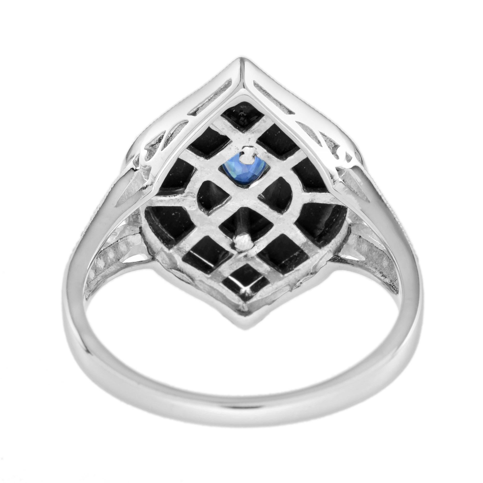 Marquise Shape Blue Sapphire Black Onyx Diamond Halo Split Shank White Gold Ring In condizioni Nuovo in vendita a Oakton, VA