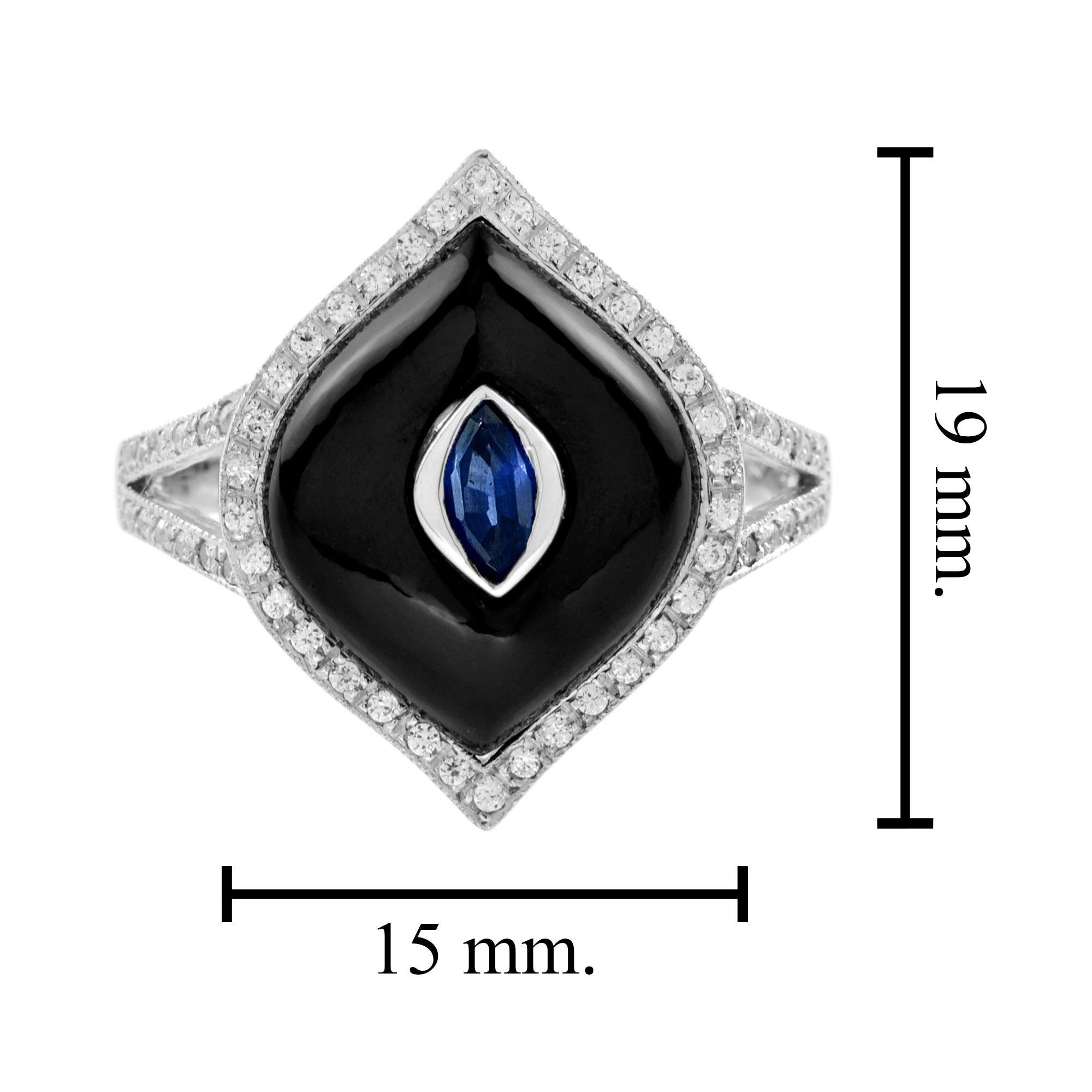 Marquise Shape Blue Sapphire Black Onyx Diamond Halo Split Shank White Gold Ring in vendita 1