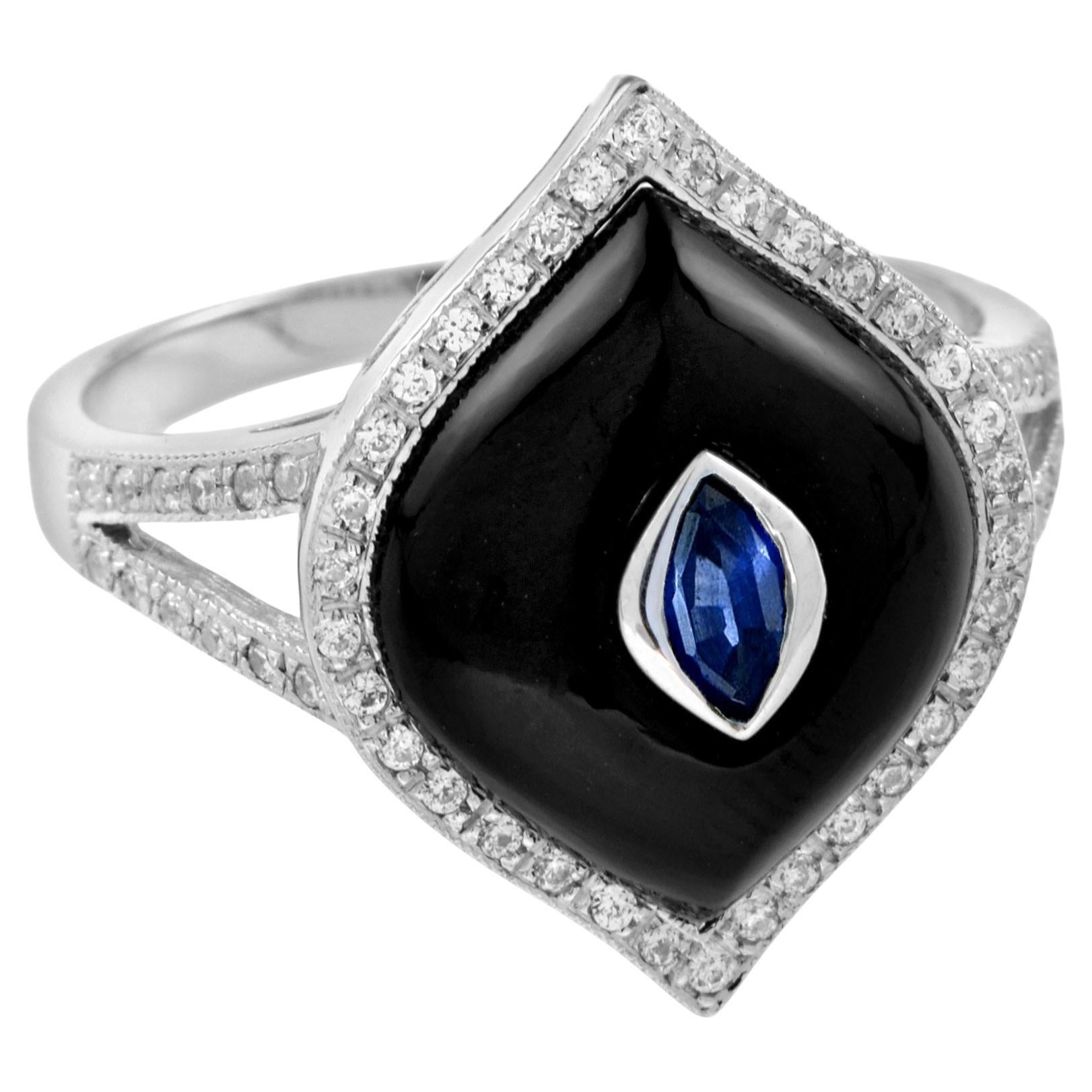 Marquise Shape Blue Sapphire Black Onyx Diamond Halo Split Shank White Gold Ring