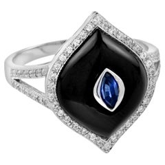 Marquise Shape Blue Sapphire Black Onyx Diamond Halo Split Shank White Gold Ring