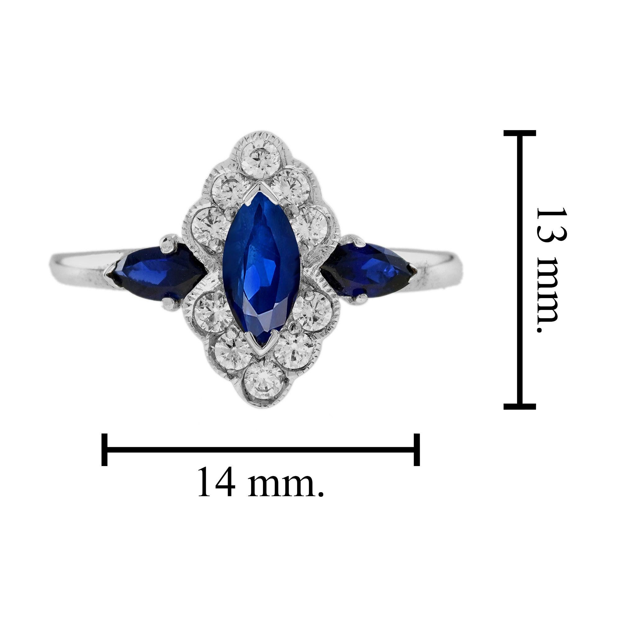 Taille Marquise Bague en or blanc 14K sertie d'un halo de saphirs bleus et de diamants de forme marquise en vente