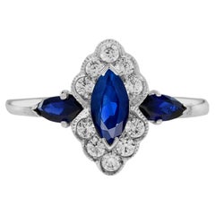 Marquise Shape Blue Sapphire & Diamond Halo Set 14K White Gold Ring