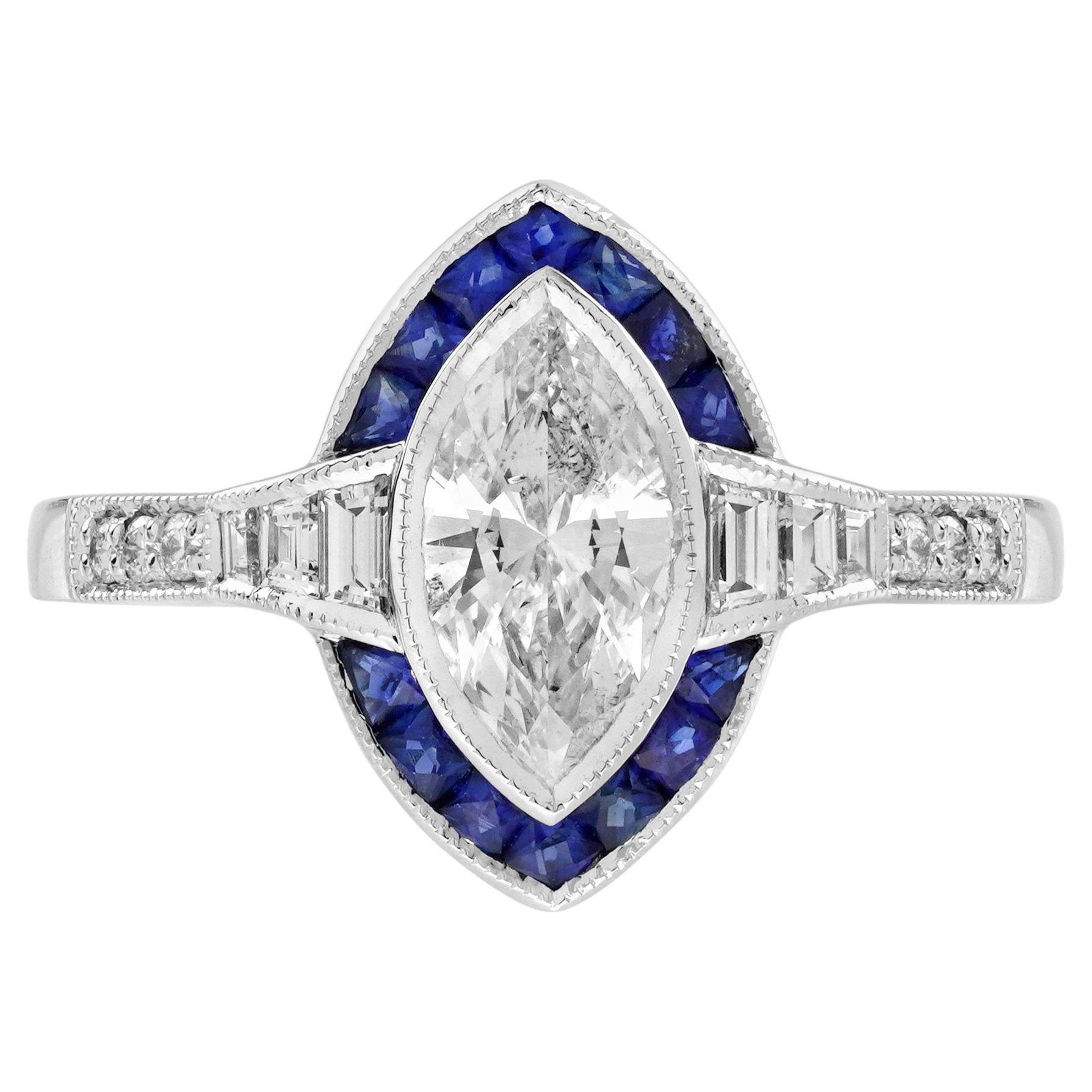 Anello in oro bianco con diamante taglio marquise e zaffiro blu a forma di aureola in stile Art Deco