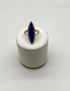 Marquise Shape Dark Blue Lapis Lazuli Cabo 14K Yellow Gold Diamond Halo Set Ring