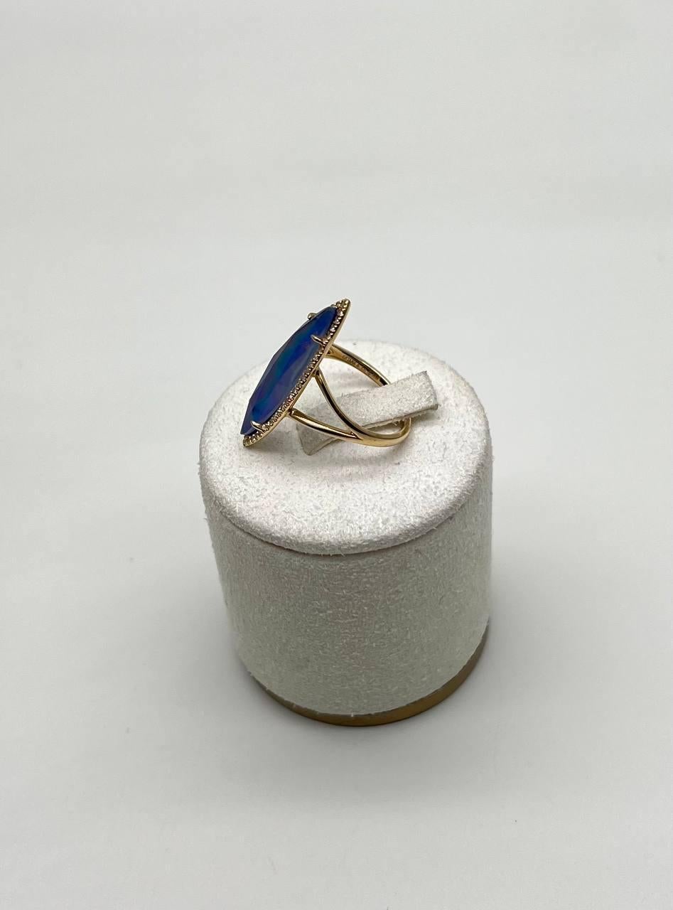 Marquise Shape Dark Blue Lapis Lazuli Cabo 14K Yellow Gold Diamond Halo Set Ring In New Condition For Sale In Oakton, VA