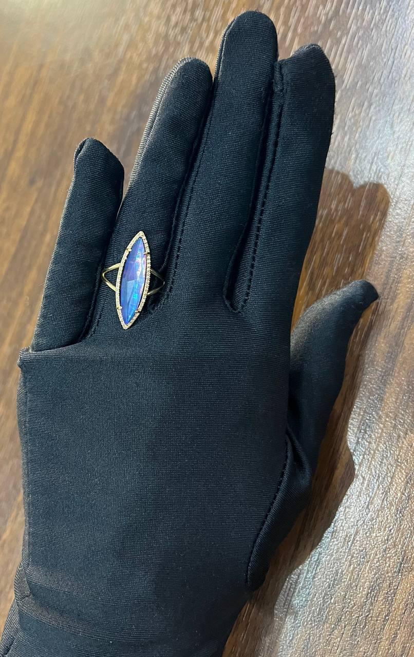 Marquise Shape Dark Blue Lapis Lazuli Cabo 14K Yellow Gold Diamond Halo Set Ring For Sale 3
