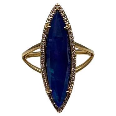 Marquise Shape Dark Blue Lapis Lazuli Cabo 14K Yellow Gold Diamond Halo Set Ring