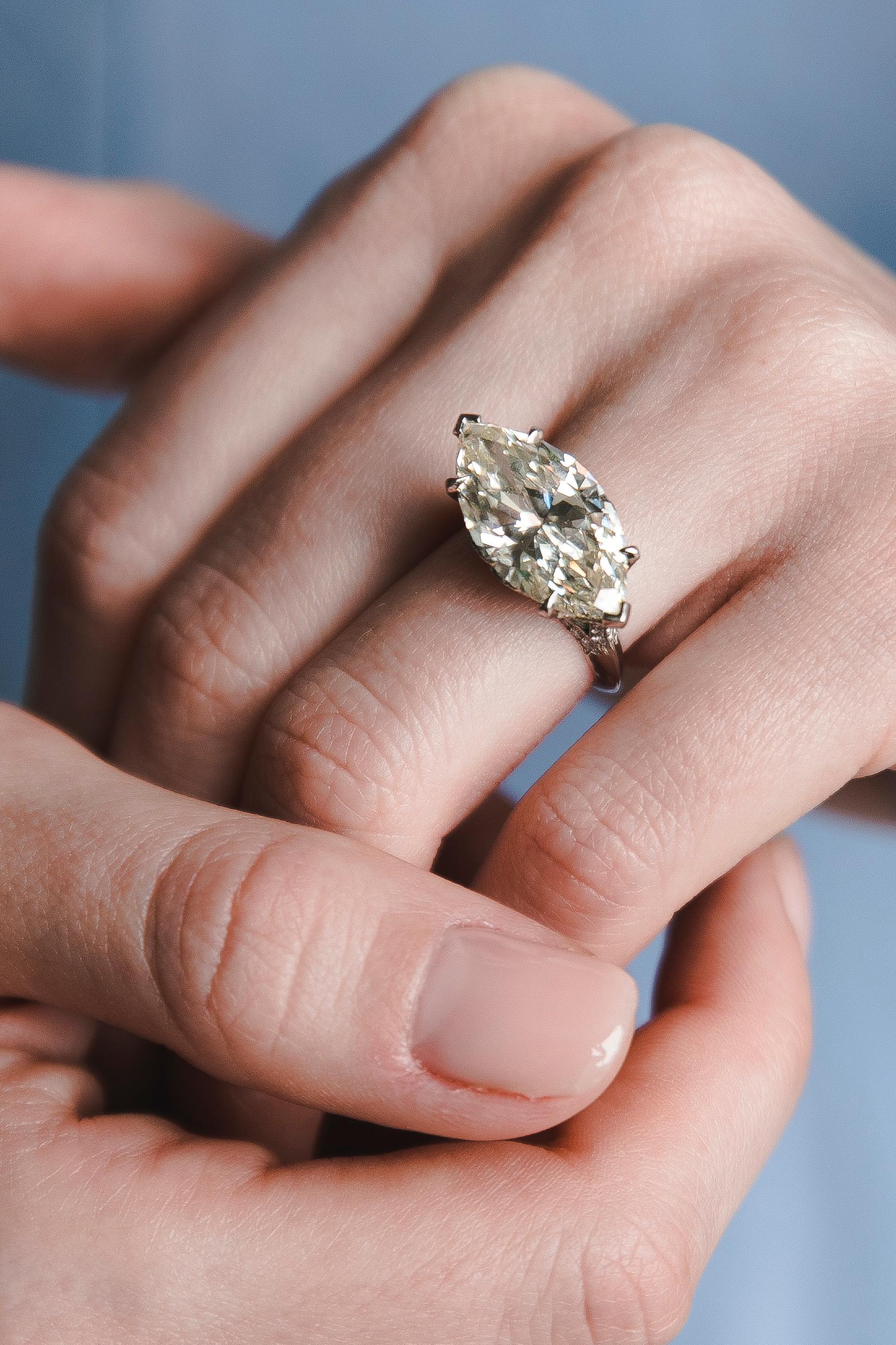 8.15 Carat GIA Certified Marquise Shape Diamond Emerald Ring, 1940 5