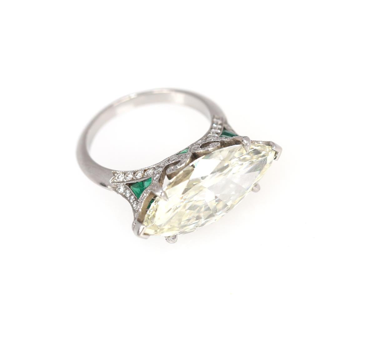 8.15 Carat GIA Certified Marquise Shape Diamond Emerald Ring, 1940 10