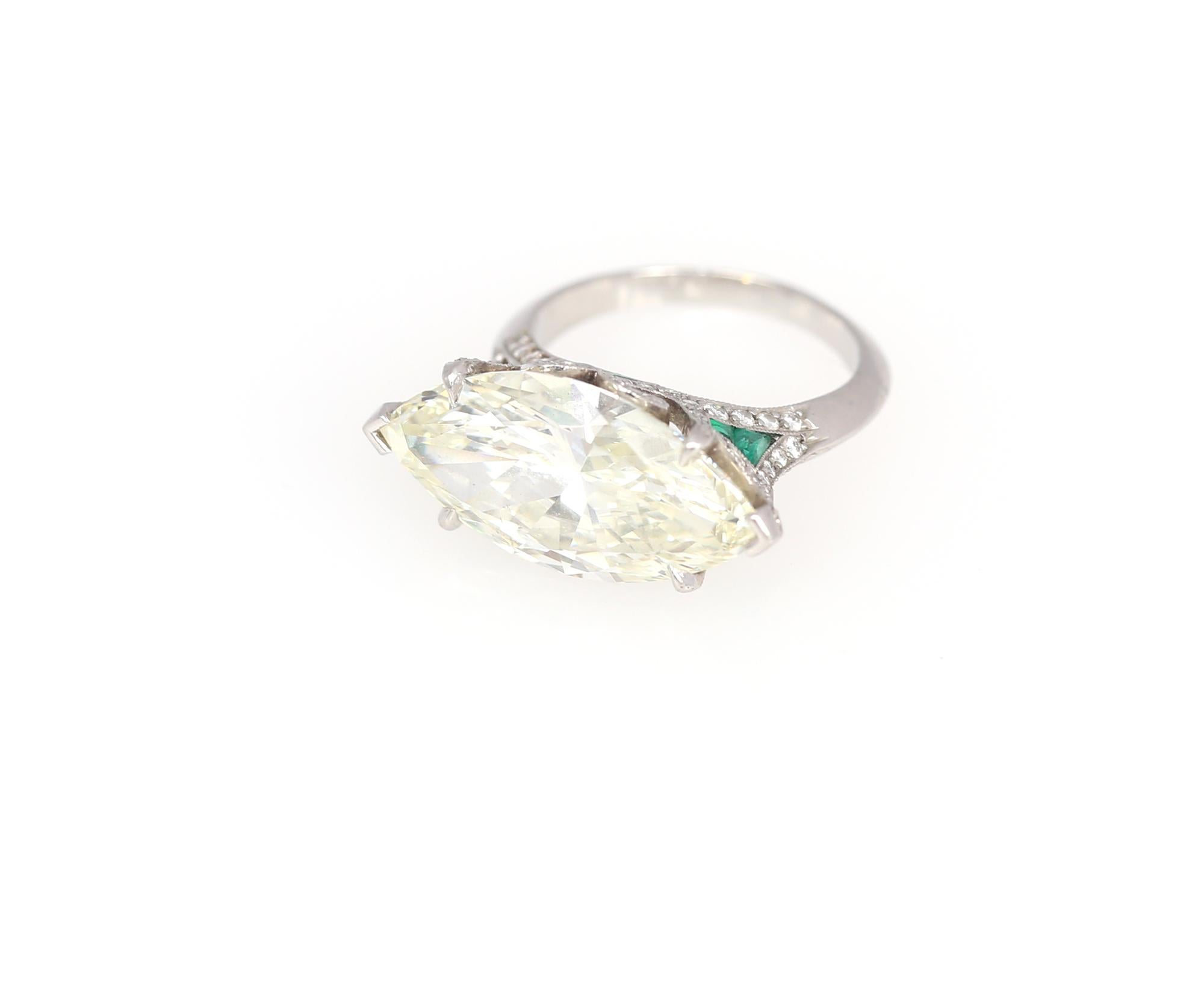 8.15 Carat GIA Certified Marquise Shape Diamond Emerald Ring, 1940 12