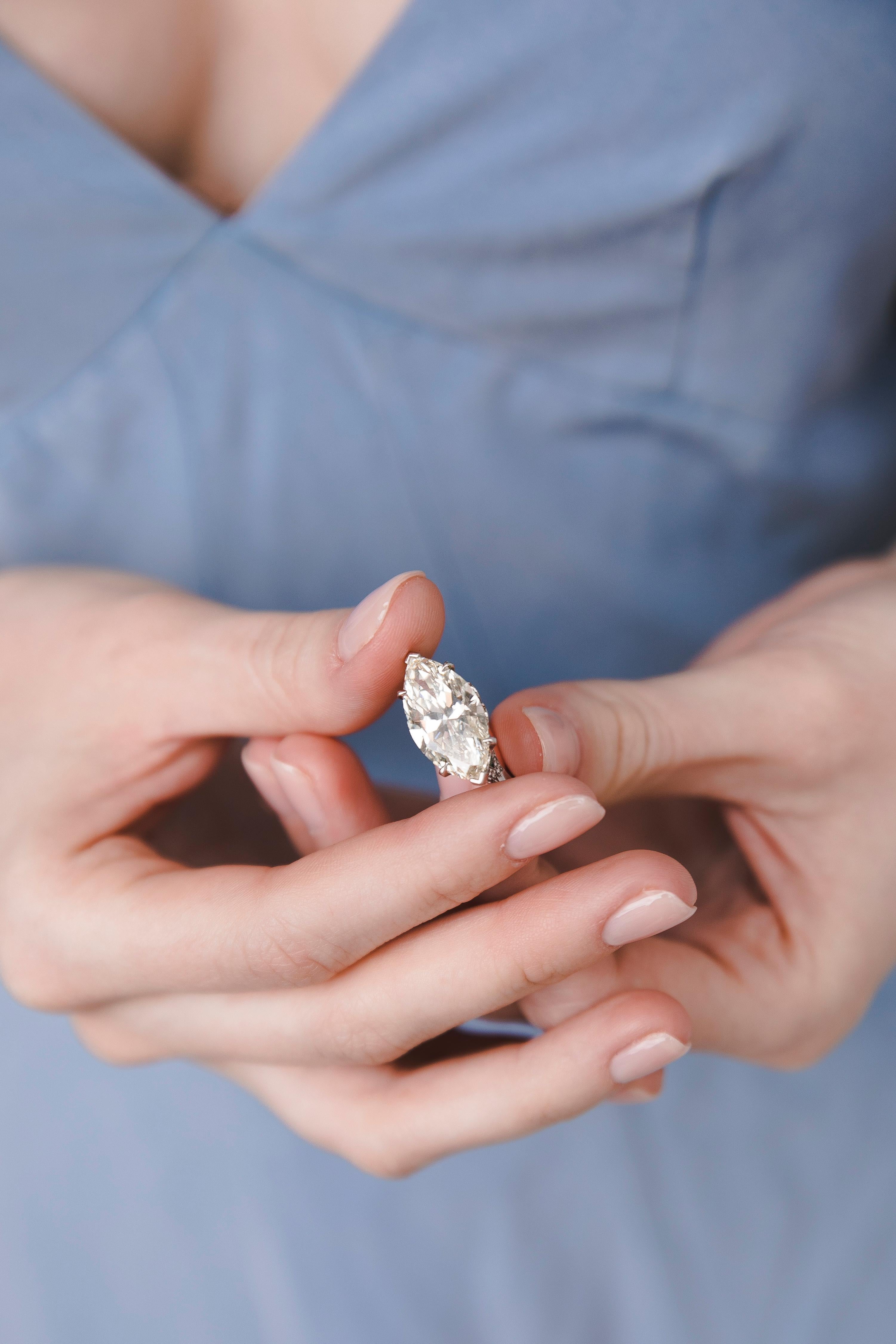 8.15 Carat GIA Certified Marquise Shape Diamond Emerald Ring, 1940 1