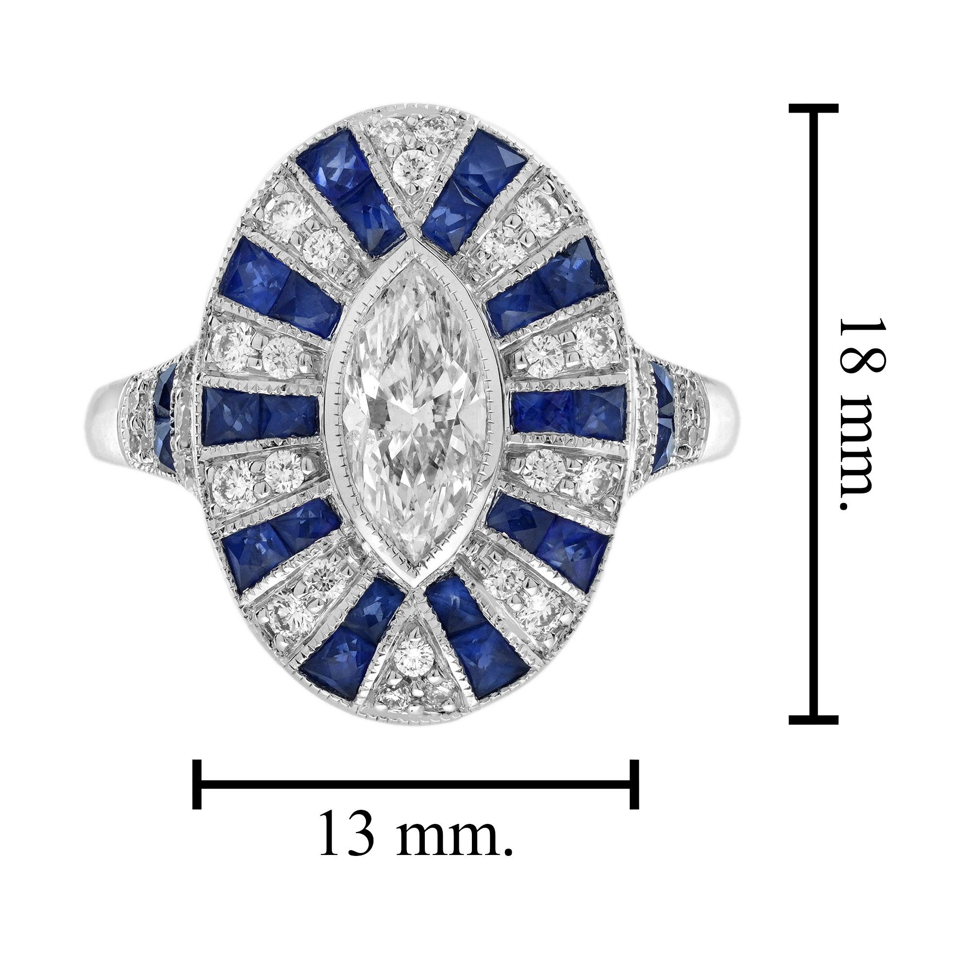 Marquise Shape Diamond & Blue Sapphire Art Deco Style 18K White Gold Shield Ring im Angebot 5