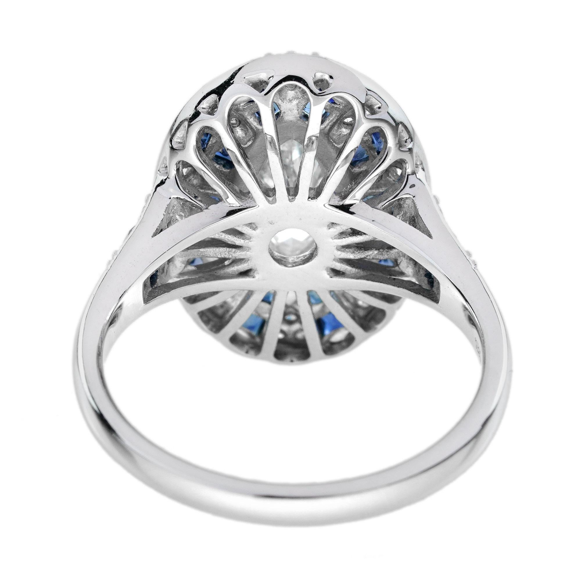 Marquise Shape Diamond & Blue Sapphire Art Deco Style 18K White Gold Shield Ring (Art déco) im Angebot