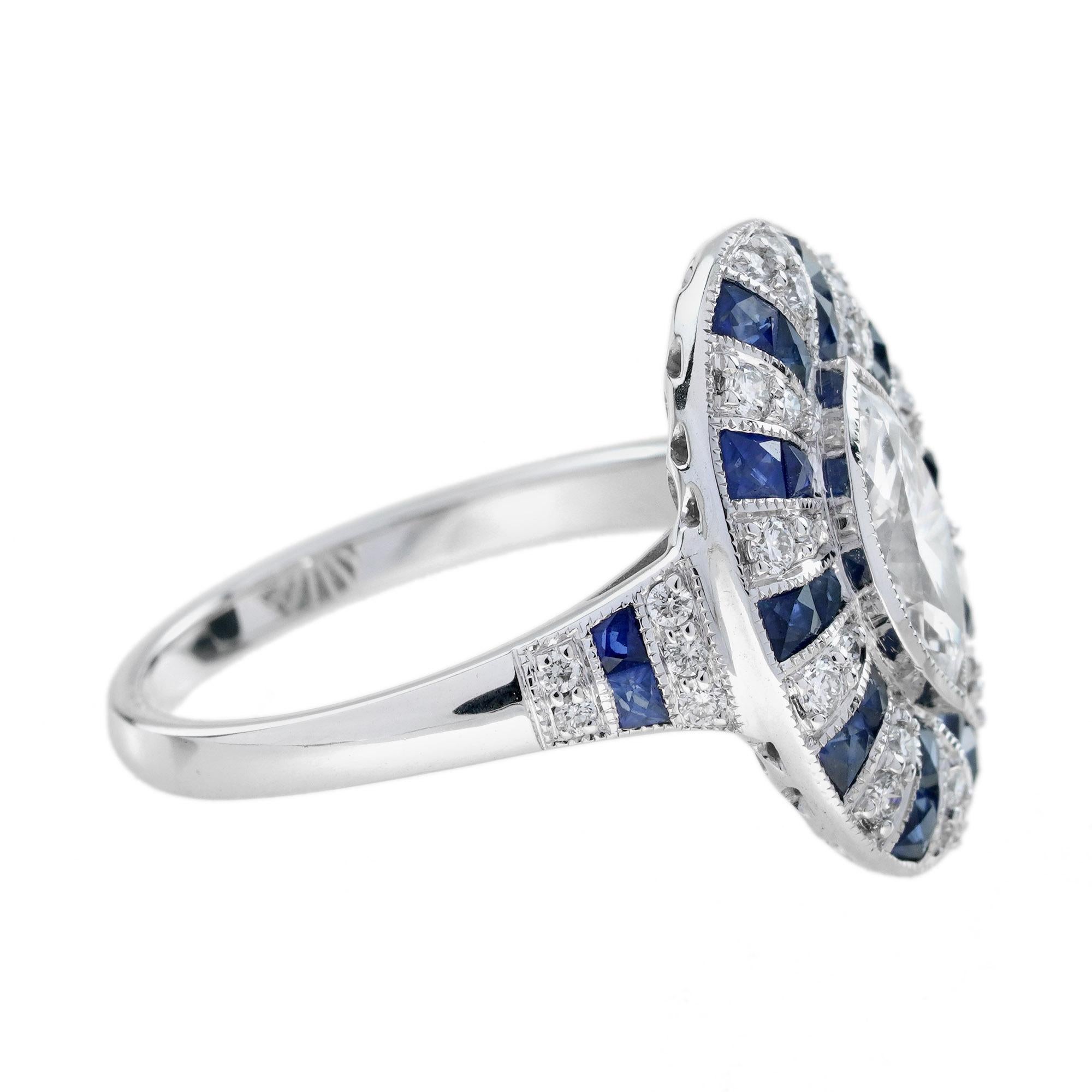 Marquise Shape Diamond & Blue Sapphire Art Deco Style 18K White Gold Shield Ring (Marquiseschliff) im Angebot