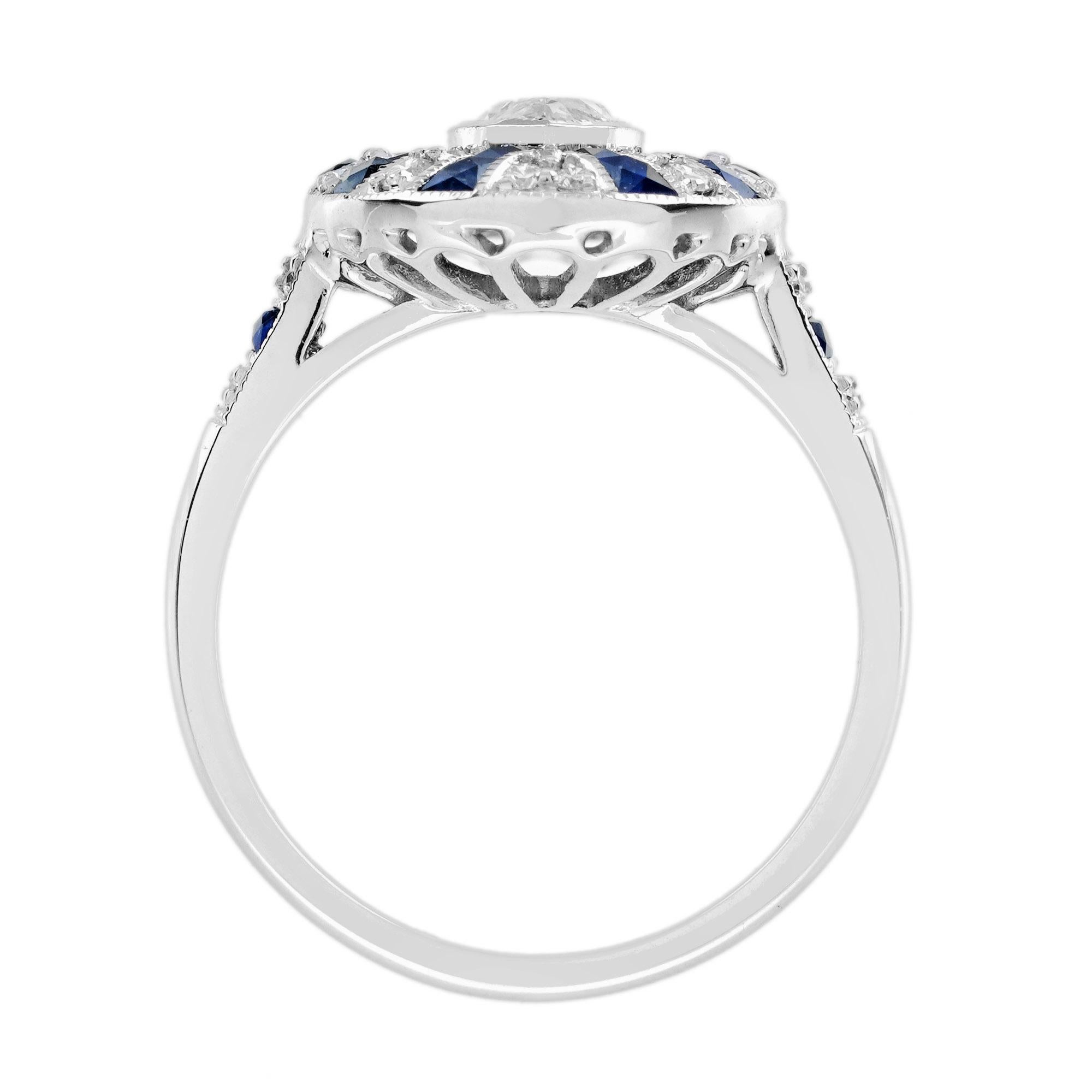 Marquise Shape Diamond & Blue Sapphire Art Deco Style 18K White Gold Shield Ring im Zustand „Neu“ im Angebot in Oakton, VA